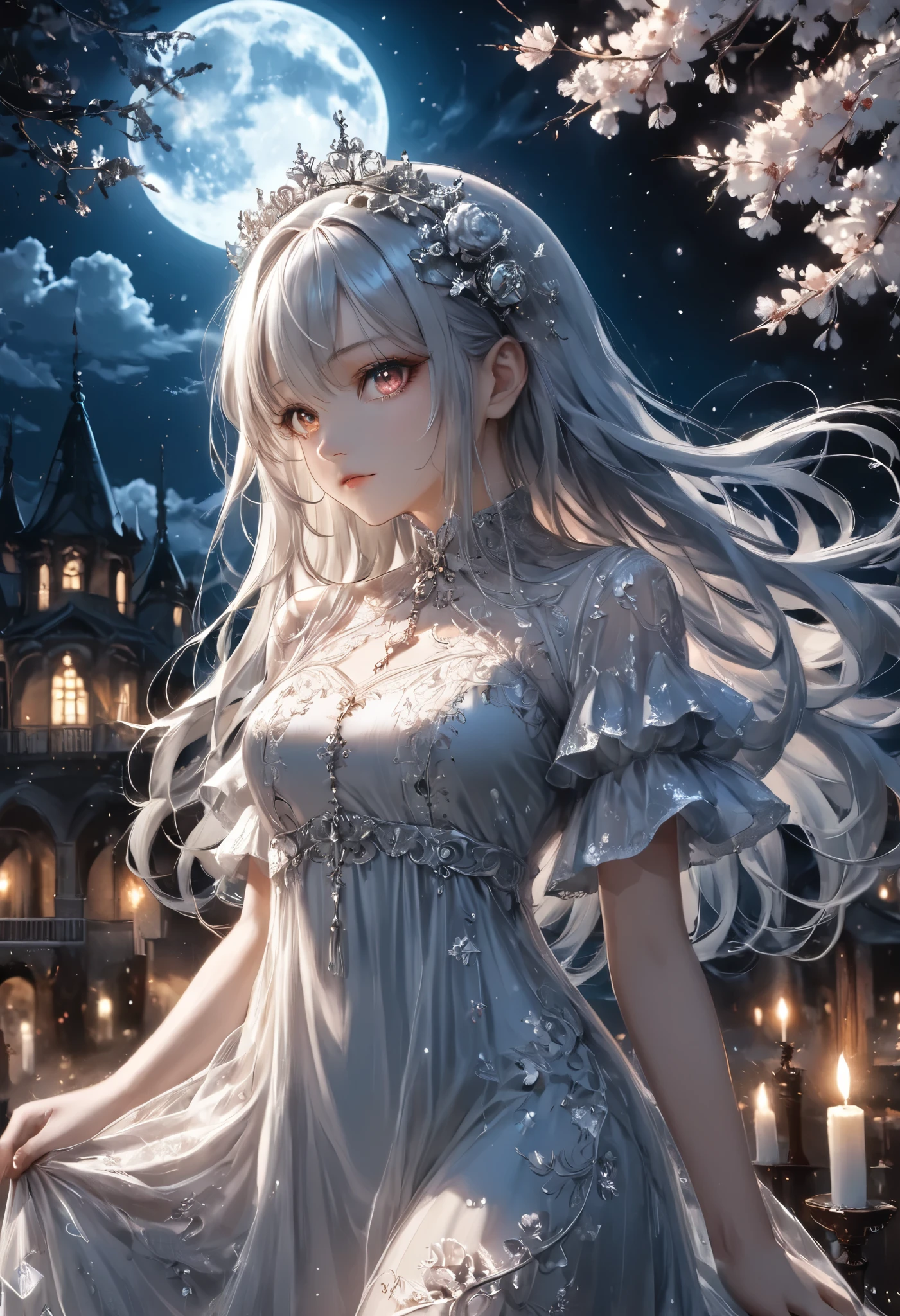 masterpiece, best quality, 8k, highres, ultra-detailed,HDR, UHD, studio lighting, ultra-fine painting, sharp focus, dark gothic, full moon, silver hair girl, full body, ground shot,ethereal beauty, cherry blossoms, flowing white dress, floral headpiece, glowing moonlight, intricate lace details, delicate and graceful, serene expression, fantasy setting, detailed background, romantic atmosphere, sparkling night, high contrast lighting, soft glow