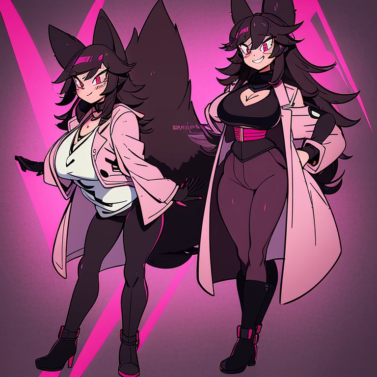 Female, mobian, dark purplish maroon fur, (long sleeve), black tube dress, ((long coat)), (dark purplish maroon lab coat), (black high heels), red eyes , red eyes, (average sized breasts), cleavage, lab coat over dresasterpiece)))), Female, Mobian, (Cat), Amy Rose hair style, large hair bangs, dark purplish maroon fur, red colored eyes, (black long sleeve tube dress), black high heels, open dark purplish maroon coat, (((open lab coat))), (very long coat), dark purplish maroon cat tail, (average sized breasts), ((perfect hourglass figure)), looking at viewer, one hand on hip, one hand at side, dark purplish maroon witch like hat