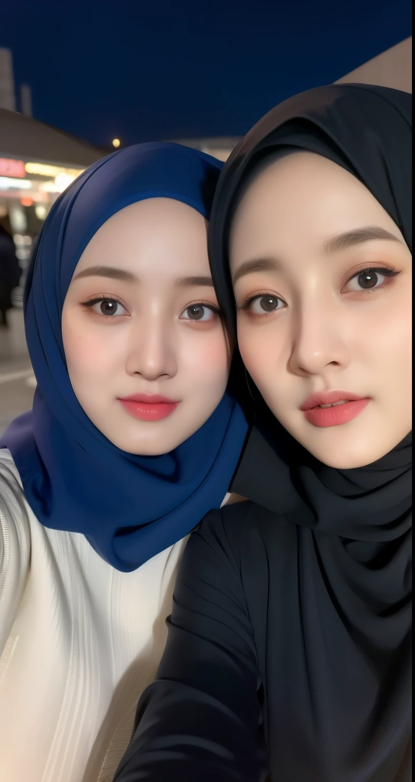 ((2 hijab girls taking selfie with front camera)), beautiful detailed hijab, tight outfit, medium bust, sexy waist, two hijab girls taking selfie with front camera, two hijab woman nude unclothes, pretty hijab girl, two hijab girls selfie, cute face, small eye, long eyelashes, detailed eyes, brown eyes, (intricate eye details), detailed nose, detailed lips, slight smile cute, detailed face, detailed hijab girl, (very cute face), long blue blush clothes, clothes long outfit trendy, blue hijab girl, two hijab woman standing position, night mall background,masterpiece, photorealistic, HDR, UHD, professional, vivid colors, warm lighting,night,masterpiece, supermarket night background, ((blurry background)), realistic beautifull hijab