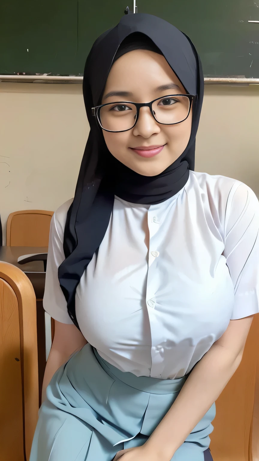 A beauty woman with hijab posing as a student in a classroom, glasses, (big breasts:1.4), with a sexy and attractive body. She is wearing a cosplay-style transparent dress uniform, unbutton, consisting of a  mini skirt and a white panty that is dropped slightly. The model is in a sensual and alluring pose, with her legs slightly open. Her expression is a captivating smile. The image is enhanced with vivid colors and a bokeh effect to create a visually stunning artwork.