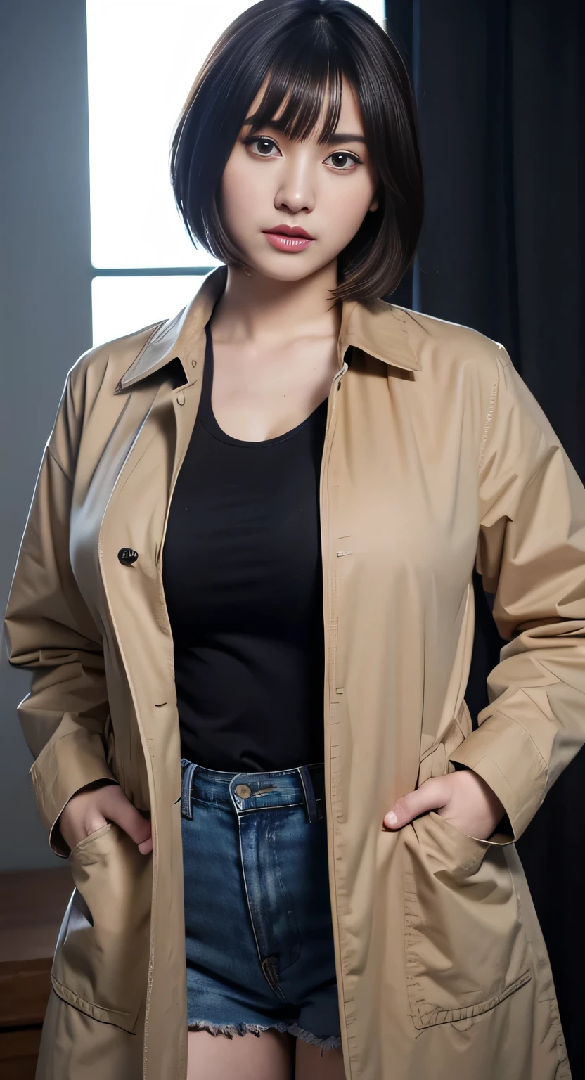 T-shirt, coat, , (photorealistic:1.4), (best quality:1.0), (ultra highres:1.0), 8k, RAW photo, (masterpiece:0.2), , zydG, 1girl, detailed skin, looking at viewer, brown eyes, (short hair with bangs:1.2), (large breasts:1.4), (large areolae:1.2), , (pureerosface_v1:0.5)