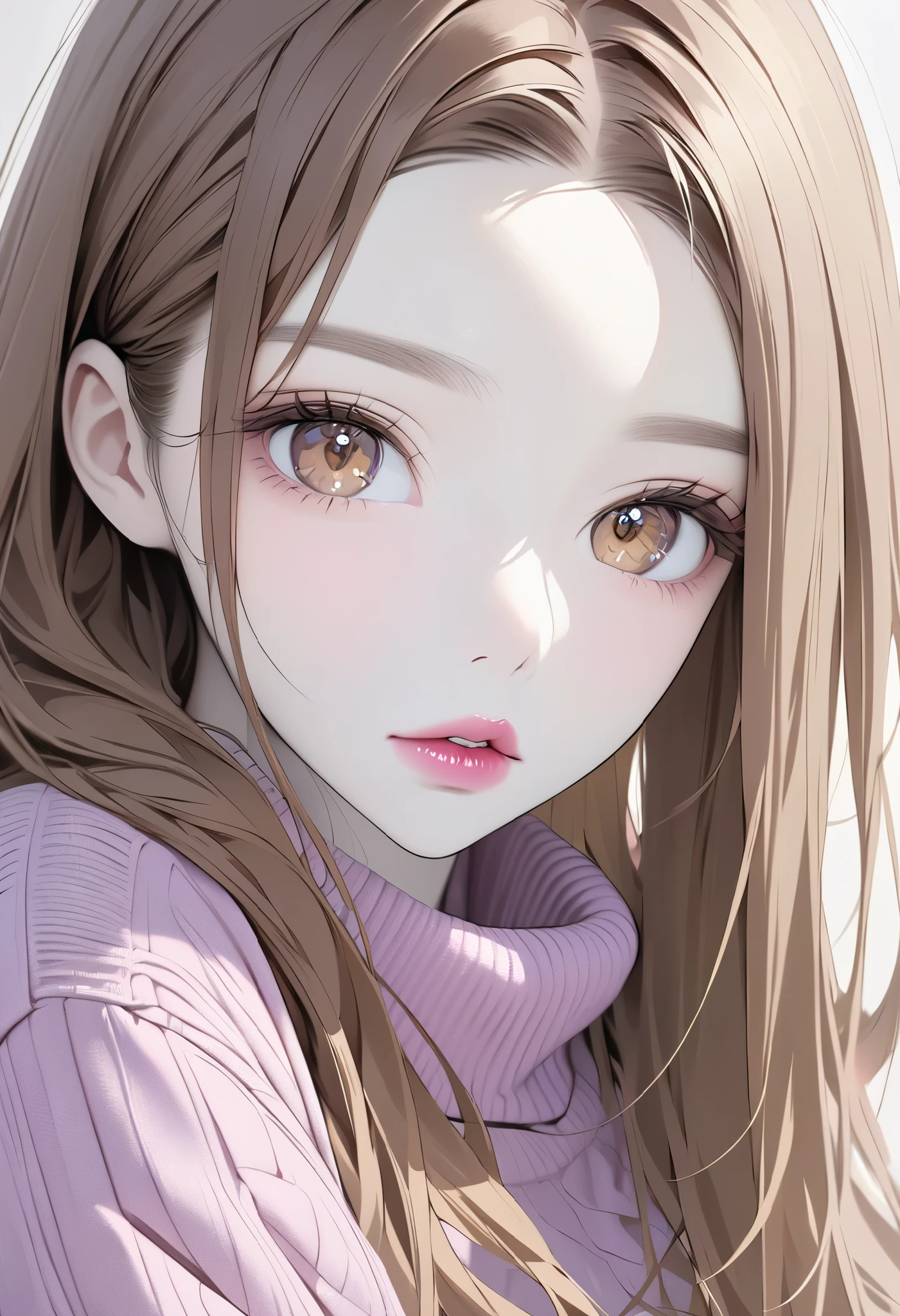 Girl, long soft brown hair, golden brown eyes, sharp features, white skin, pink lips, perfect, purple sweater.