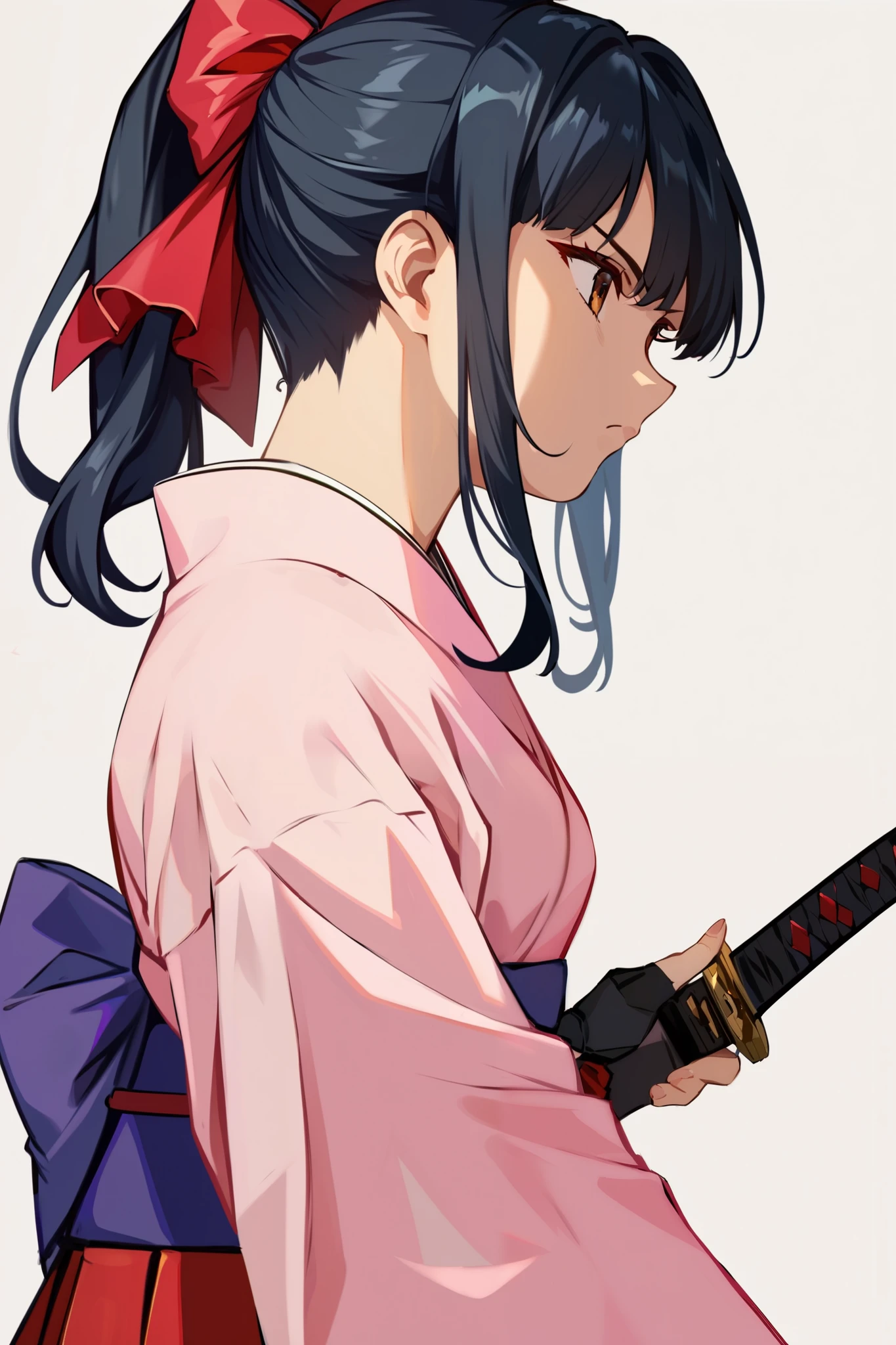  score_9,  score_8_up,  score_7_up,  very sophisticated , sauce_Anime,   Details,  High Quality , beautiful, masterpiece,   Details eyes,
 simple background,  Blurry Background ,
 COWBOY SHOOTING , from side,
Has a katana, unsheathing,
Serious, 
Sakurabase,  black hair,   hair bow,  red ribbon,  review,  side lock, bangs,  ponytail kimono, Red Hakama,  pink kimono, Meiji schoolgirl uniform , Purple belt, Fingerless gloves, Green obi-jime,, zPDXL