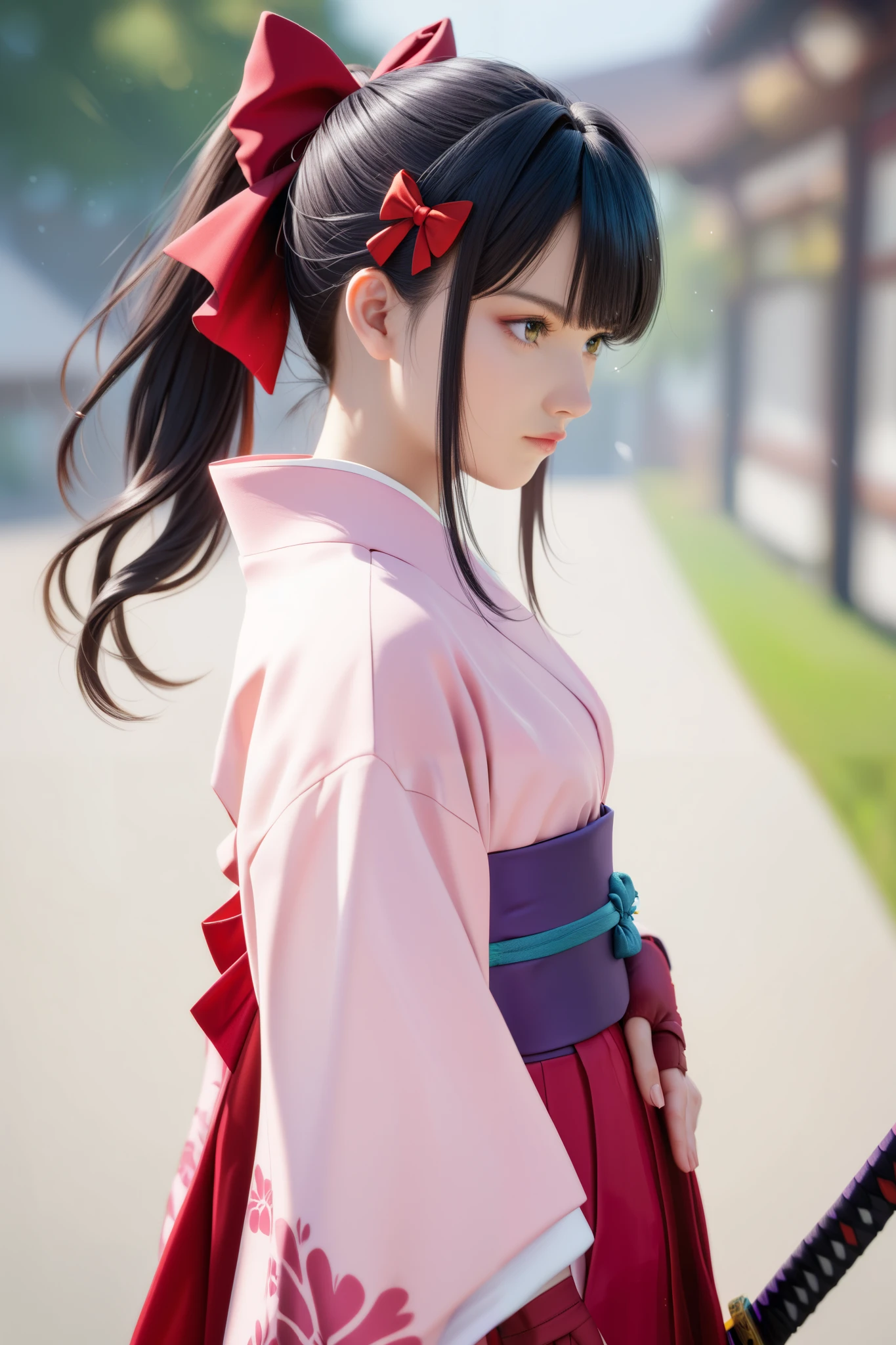 score_9, score_8_up, score_7_up, very sophisticated , Details, High Quality , beautiful, masterpiece, Details eyes, simple white background, Blurry Background , COWBOY SHOOTING , from side, Has a katana, unsheathing, Serious, Sakurabase, black hair, hair bow, red ribbon, review, side lock, bangs, ponytail kimono, Red Hakama, pink kimono, Meiji schoolgirl uniform , Purple belt, Fingerless gloves, Green obi-jime,, zPDXL