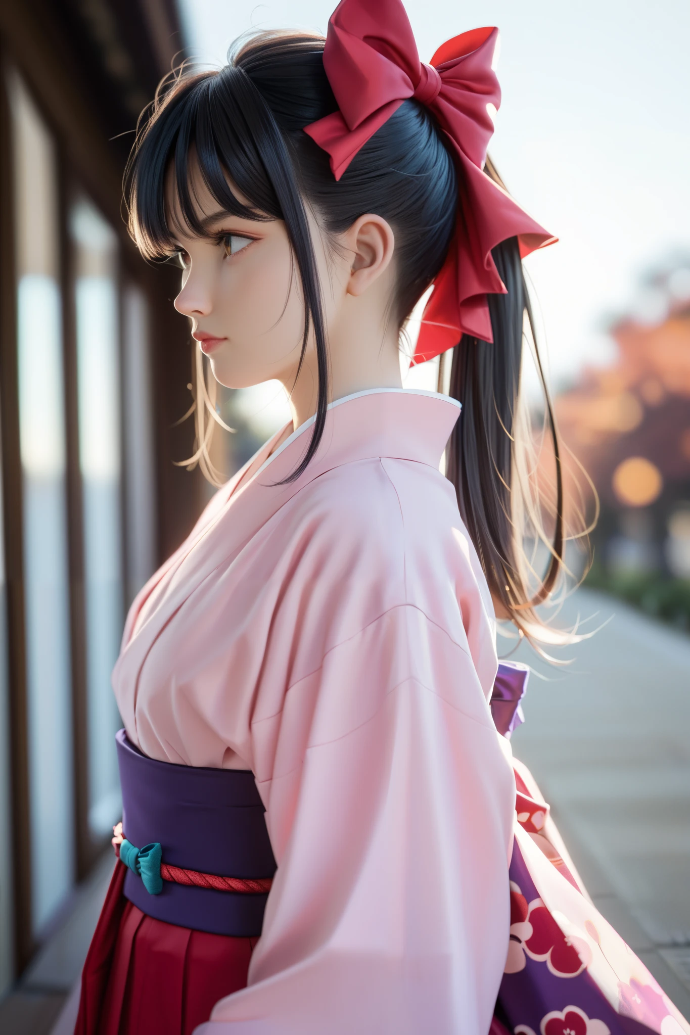 score_9, score_8_up, score_7_up, very sophisticated , Details, High Quality , beautiful, masterpiece, Details eyes, simple white background, Blurry Background , COWBOY SHOOTING , from side, Has a katana, unsheathing, Serious, Sakurabase, black hair, hair bow, red ribbon, review, side lock, bangs, ponytail kimono, Red Hakama, pink kimono, Meiji schoolgirl uniform , Purple belt, Fingerless gloves, Green obi-jime,, zPDXL