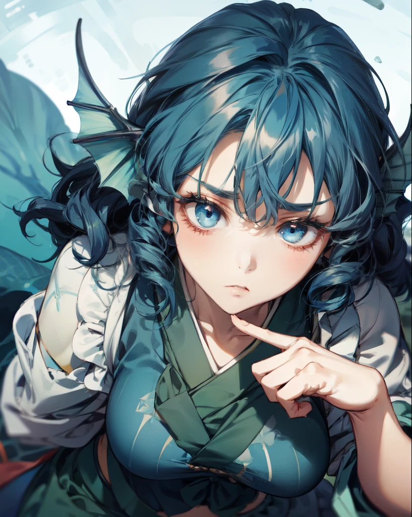 wakasagihime, 1women, age 20, (big breast:0.7), blue hair, short hair, blue eyes, head fins, T-shirt, pants, cold gaze, showing no emotions, stare, masterpiece, best quality.