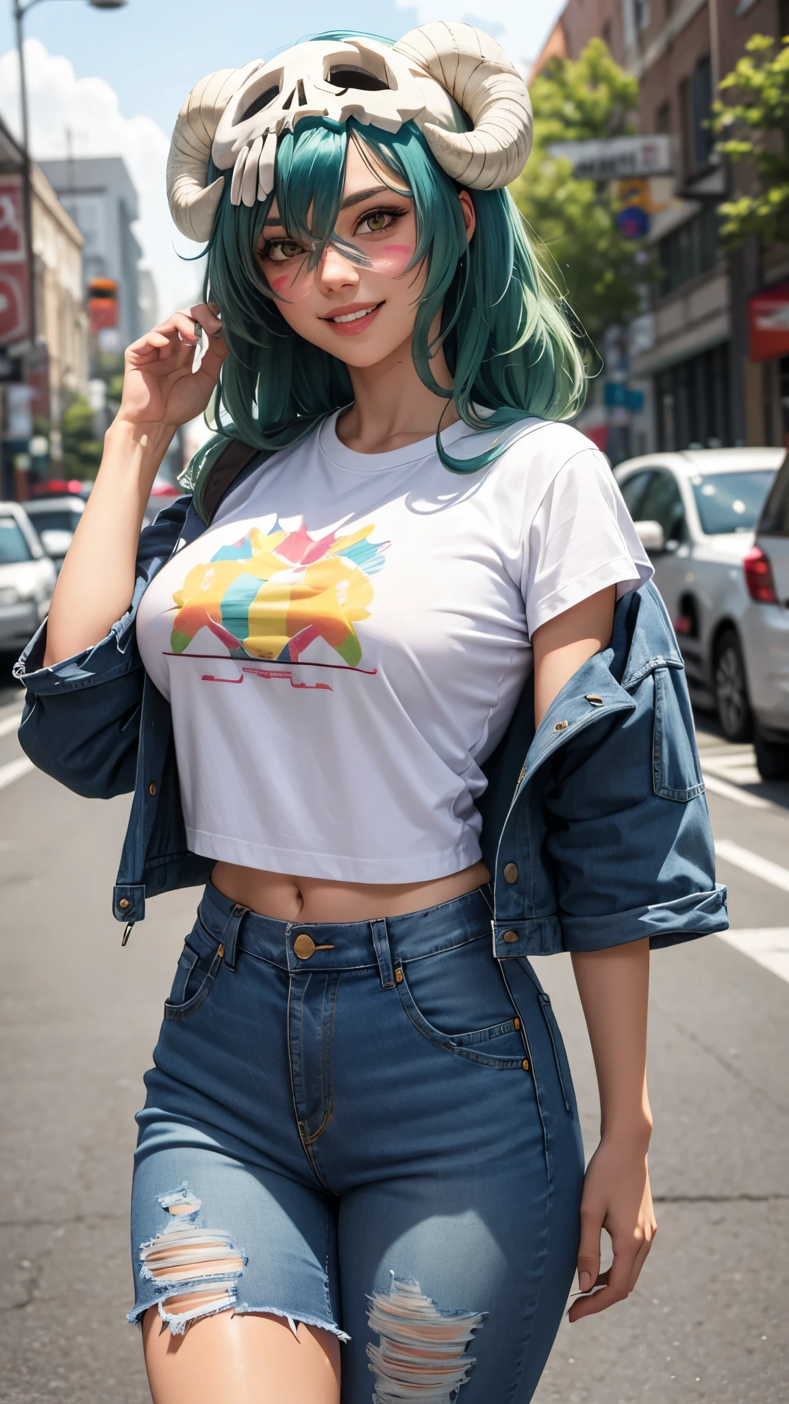 nelliel tu odelschwanck, green hair,yellow eyes, skull, face mark,large breasts,smile , parted lips, happy, High-waisted mom jeans, graphic t-shirt, denim jacket, white sneakers