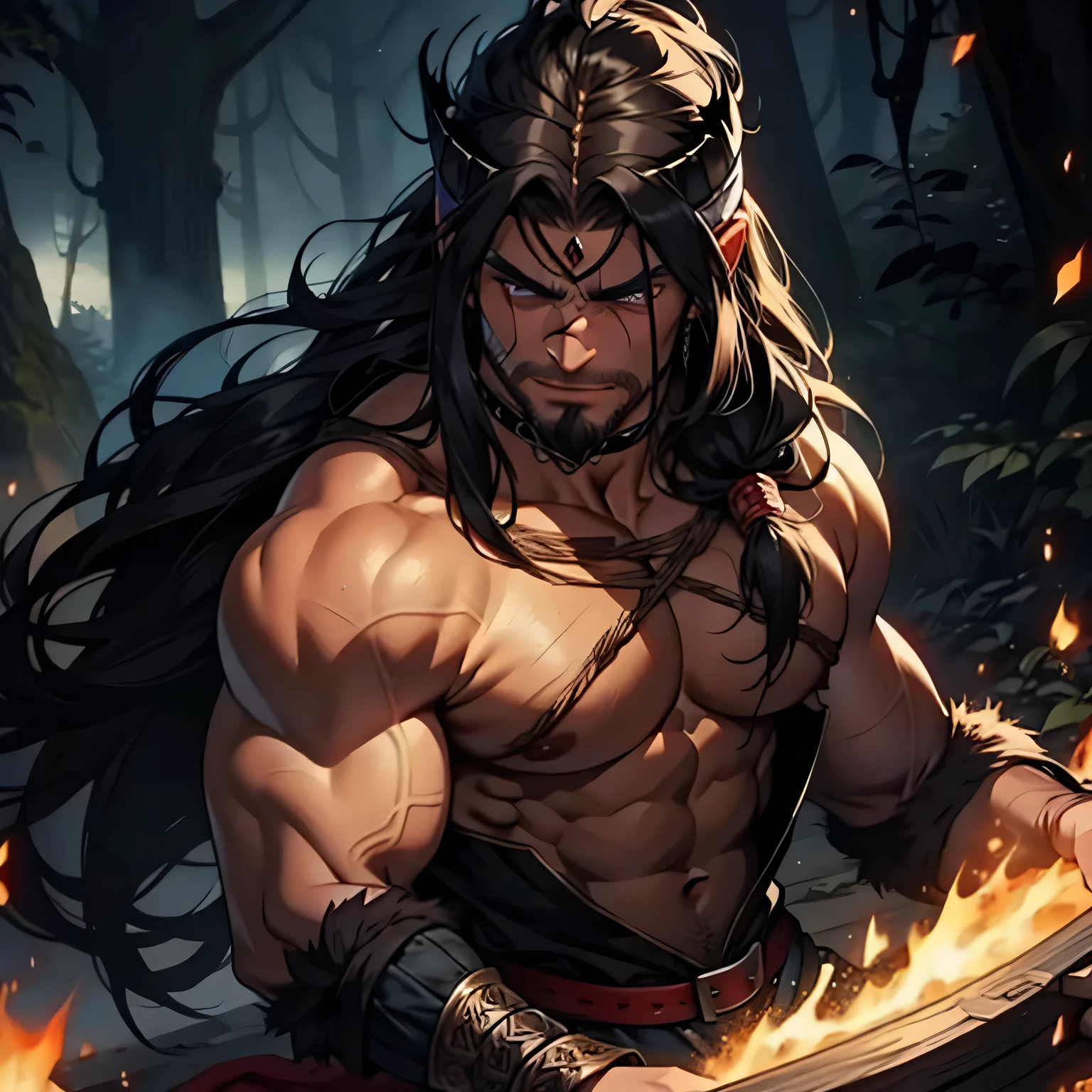 An indian man, long hair and beard, holding a battle axe, well defined muscles, althletic physic, well defined characteristics, wearing a saffron colour dhothi,