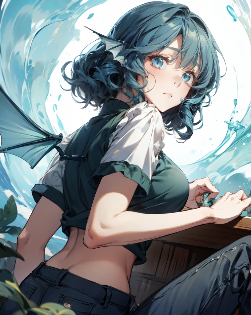 wakasagihime, 1women, age 20, (big breast:0.7), blue hair, short hair, blue eyes, head fins, T-shirt, pants, blank expression, masterpiece, best quality.