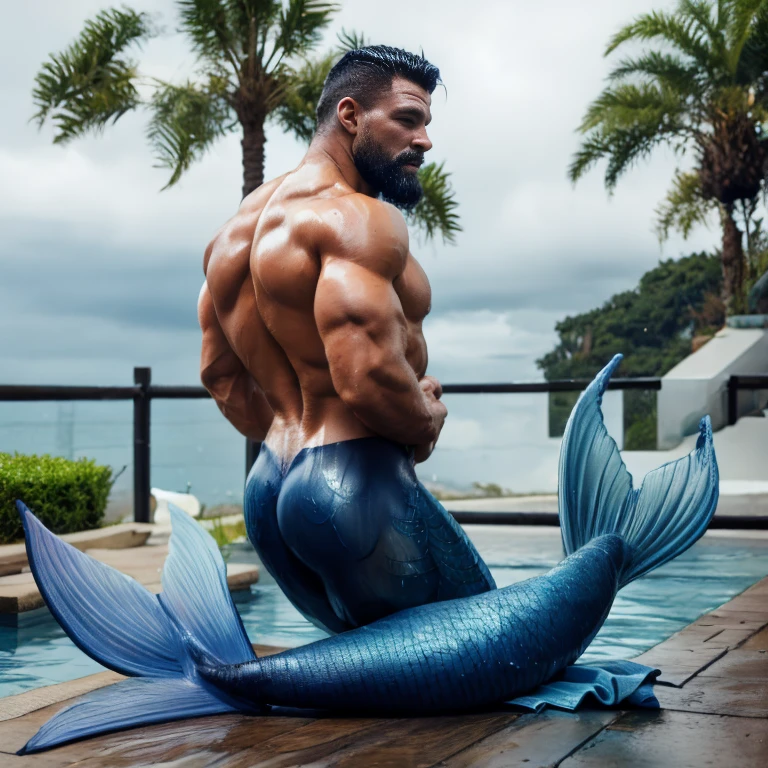  Muscular man with blue muscular mermaid tail instead of legs. Lies and sleeps on a leather surface . He is oiled ,  wet and oily . back , ass .  He is tied with a brown strong navy rope . black hair, black beard. Rain. It's raining