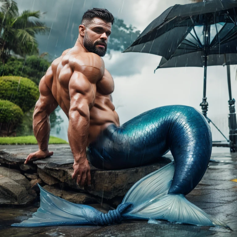  Muscular man with blue muscular mermaid tail instead of legs. Lies and sleeps on a leather surface . He is oiled ,  wet and oily . back , ass .  He is tied with a brown strong navy rope . black hair, black beard. Rain. It's raining