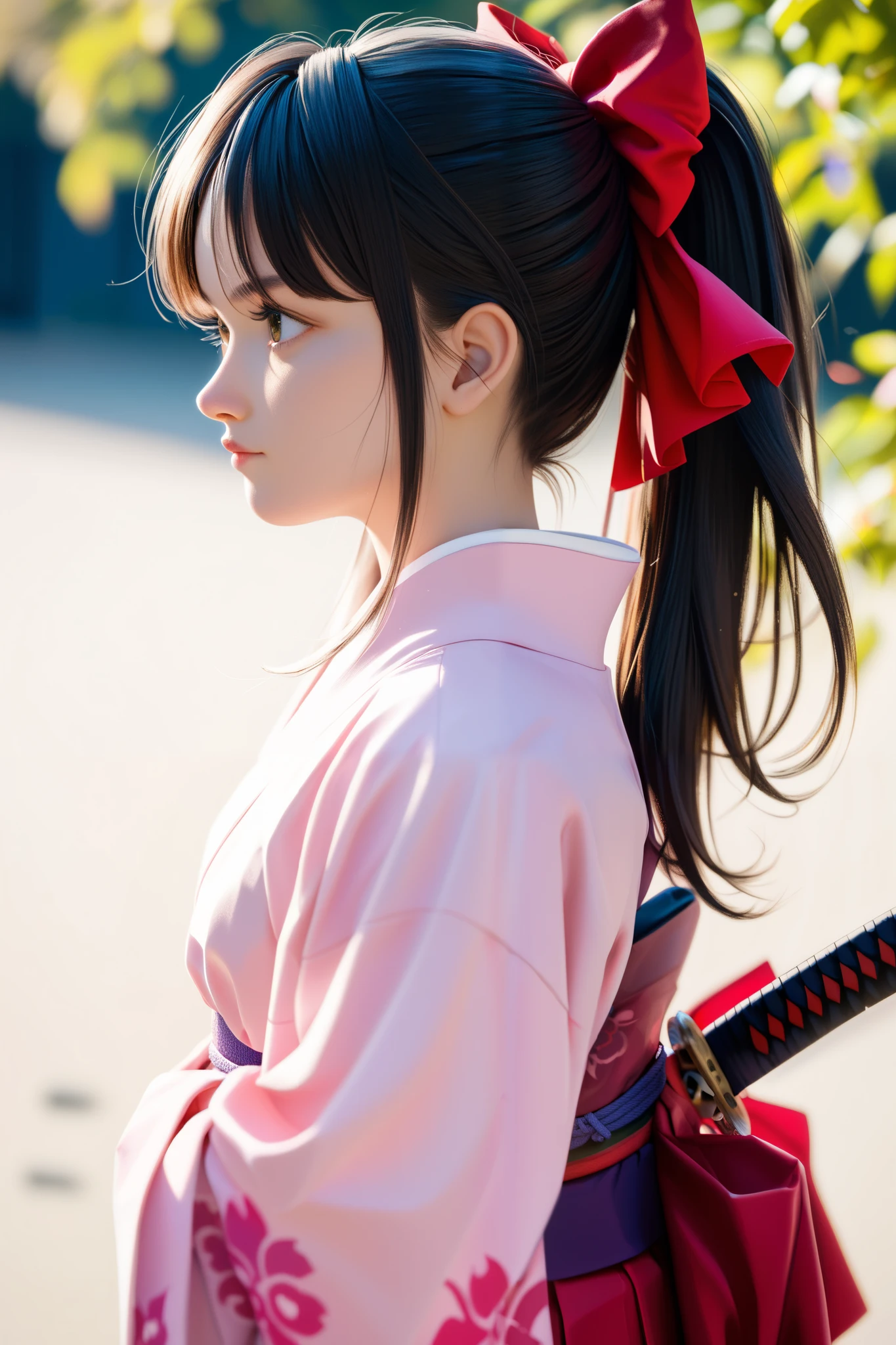score_9, score_8_up, score_7_up, very sophisticated , Details, High Quality , beautiful, masterpiece, Details eyes, simple white background, Blurry Background , COWBOY SHOOTING , from side, I'm holding a katana, unsheathing, Serious, Sakurabase, black hair, hair bow, red ribbon, review, side lock, bangs, ponytail kimono, Red Hakama, pink kimono, Meiji girl uniform , Purple belt, Fingerless gloves, Green obi-jime,, zPDXL