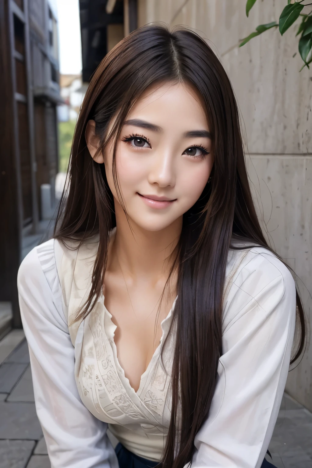 ​masterpiece, The highest image quality, high quality, beautiful a girl, japanes, Japan schoolgirl, Popular Korean Makeup, detaileds, Swollen eyes, A detailed eye, Detailed skin, Beautiful skins, 超A high resolution, (Reality:1.4), very extremely beautiful, Slightly younger face, Beautiful skins, slender, (A hyper-realistic), (illustratio), (hight resolution), (8k), (ighly detailed), (The best illustrations), (beautifully detailed eyes), ( ultra-detailed), (wall-paper), (detailed face), looking at the viewers, finely detail、A detailed face、pureerosfaceace_v1、A smile、Looking straight ahead、cowboy  shot、photos realistic、Bright lighting、profetional lighting、Brown hair、length hair、Dark abandonment、Kiss Shot Acerola Orion Heart Under Blade