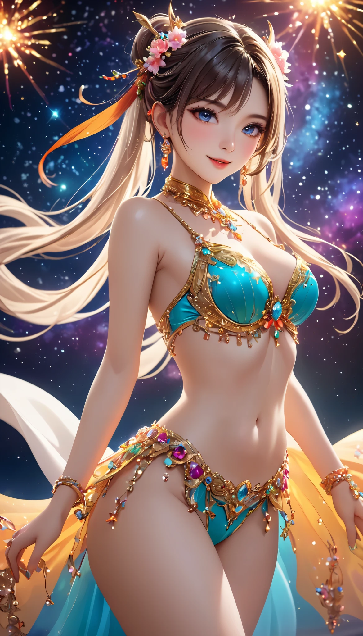 (masterpiece, super detailed, Extremely Detailed Art ), 1 girl, pretty face, beautiful eyes, whole body, barefoot, beautiful legs with tails, Mid-chest, has an anatomically accurate and beautiful figure, Fei Tian , bare shoulders, showing belly, jewelry, ( Gorgeous Dance Costumes , elegant , elegant , Game Character Costume Designs , colorful ), look at me and smile, ultra high resolution, ( high definition,8K wallpaper), background, Night Sky, Bright starry sky, Starlight, nebula, Detailed Illustration Art , depth of field,