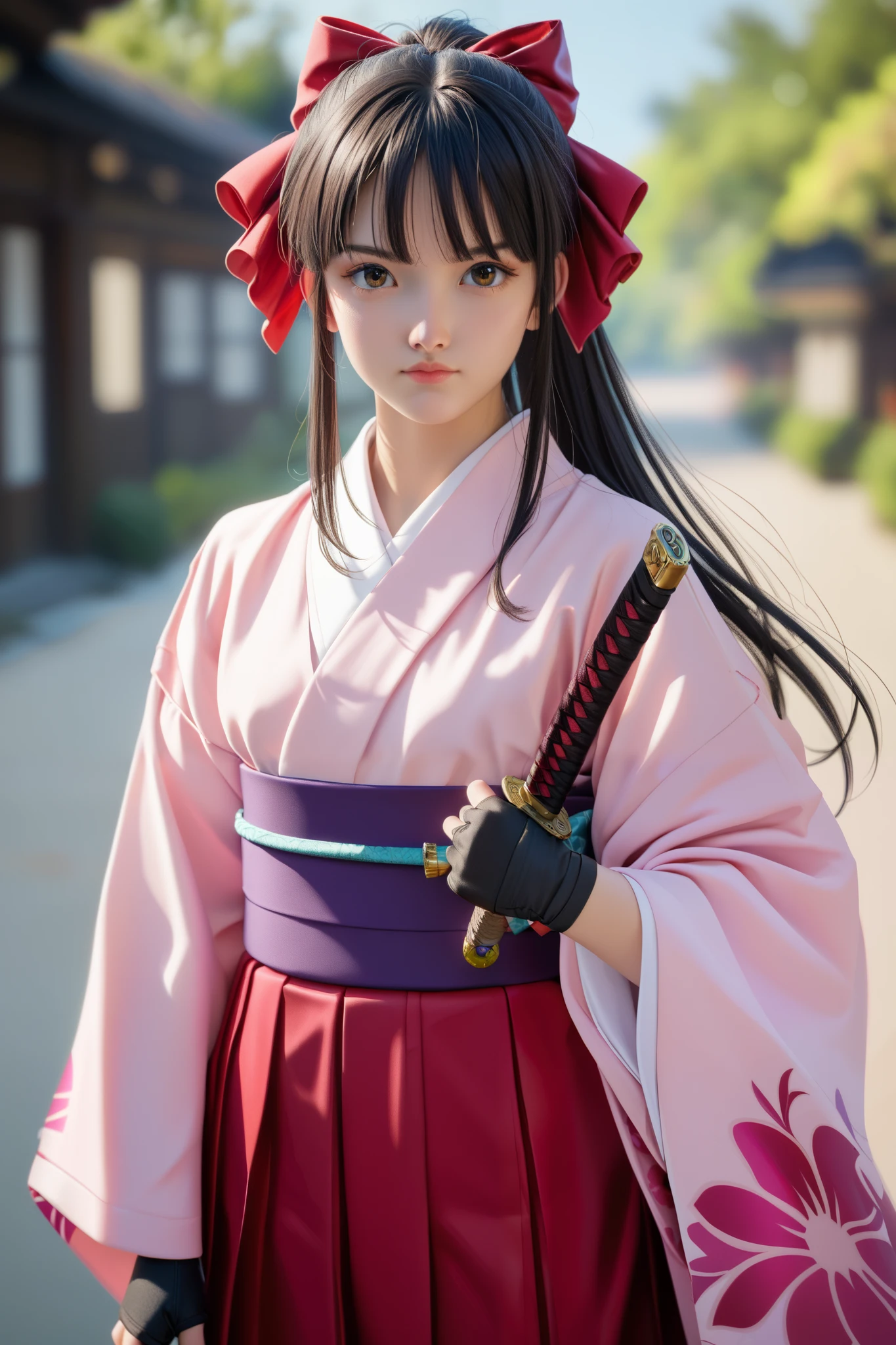 score_9, score_8_up, score_7_up, very sophisticated , Details, High Quality , beautiful, masterpiece, Details eyes, simple white background, Blurry Background , COWBOY SHOOTING , front, I'm holding a katana, unsheathing, Serious, Sakurabase, black hair, hair bow, red ribbon, review, side lock, bangs, ponytail kimono, Red Hakama, pink kimono, Meiji girl uniform , Purple belt, Fingerless gloves, Green obi-jime,, zPDXL