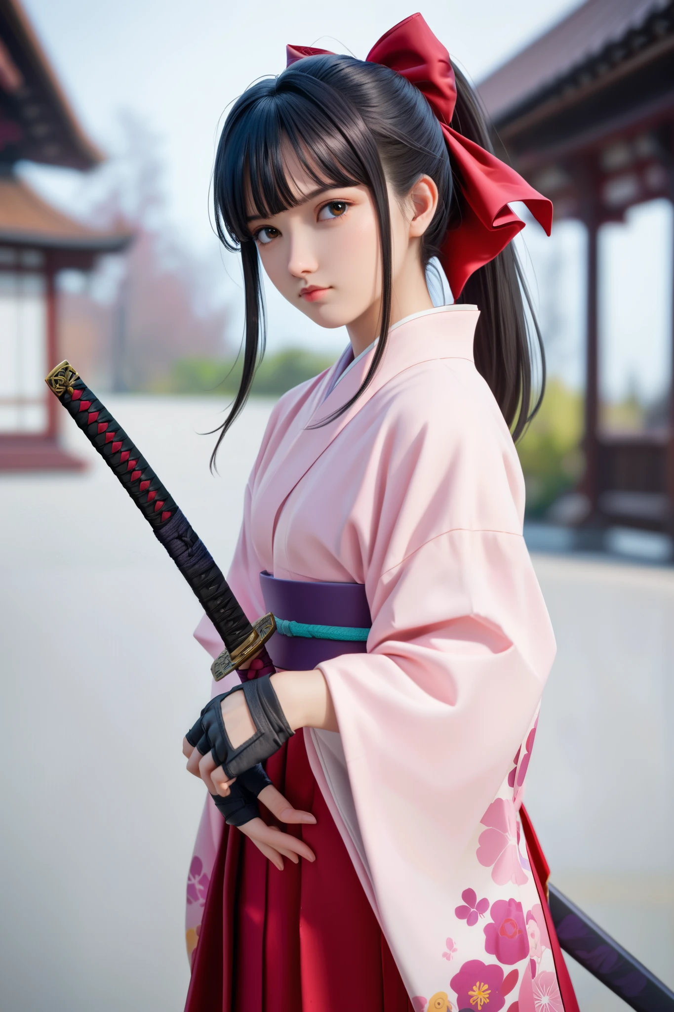  score_9,  score_8_up,  score_7_up,  very sophisticated ,  Details,  High Quality , beautiful, masterpiece,  Details eyes,  simple white background,  Blurry Background ,  COWBOY SHOOTING , front, I'm holding a katana, unsheathing, Serious, Sakurabase,  black hair,  hair bow,  red ribbon,  review,  side lock, bangs, ponytail kimono, Red Hakama,  pink kimono, Meiji schoolgirl uniform , Purple belt, Fingerless gloves, Green obi-jime,, zPDXL