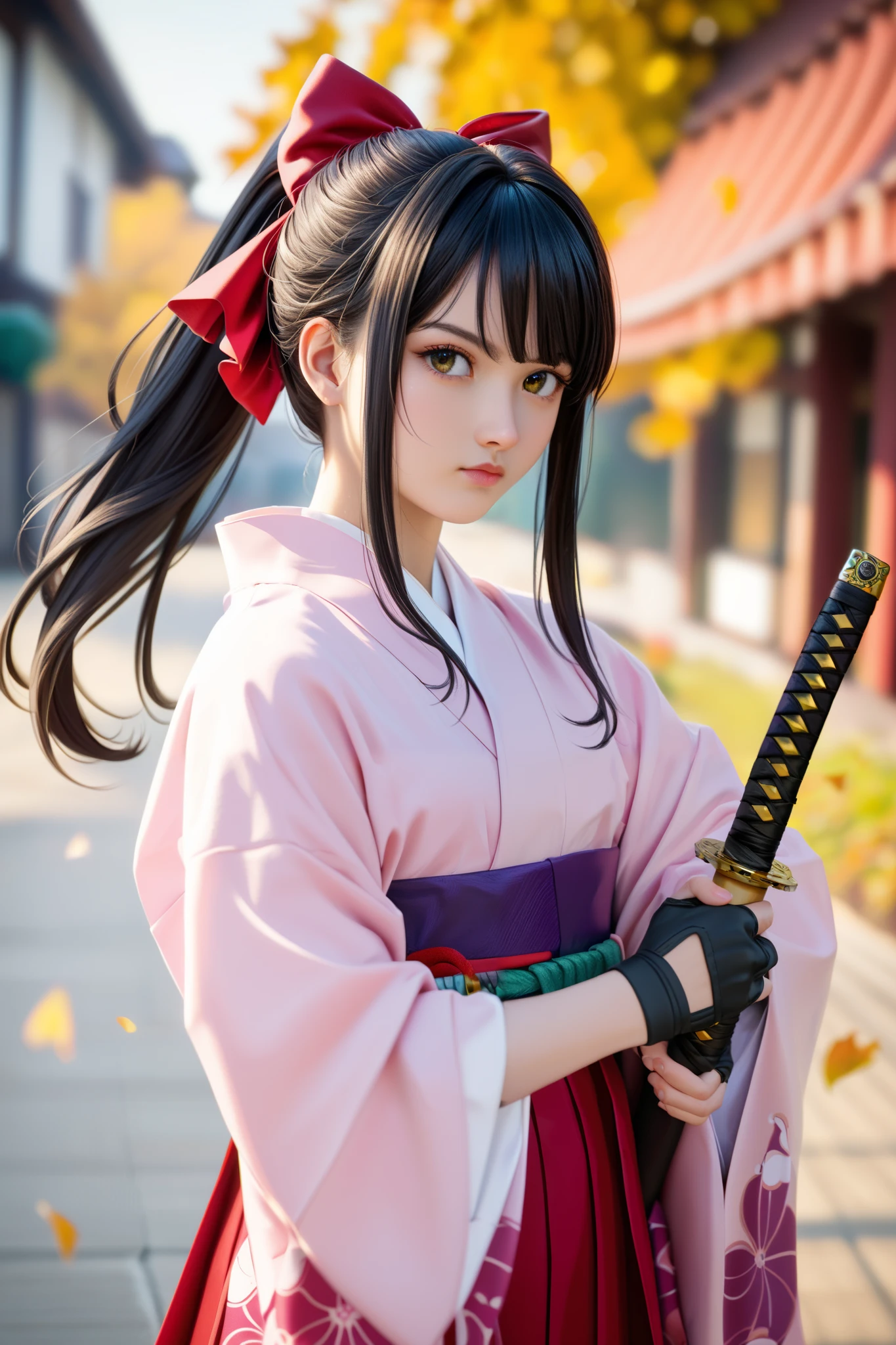score_9, score_8_up, score_7_up, very sophisticated , Details, High Quality , 顔のズームup、beautiful, masterpiece, Details eyes, simple white background, Blurry Background , COWBOY SHOOTING , front, I'm holding a katana, unsheathing, Serious, Sakurabase, black hair, hair bow, red ribbon, review, side lock, bangs, ponytail kimono, Red Hakama, pink kimono, Meiji schoolgirl uniform , Purple belt, Fingerless gloves, Green obi-jime,, zPDXL
