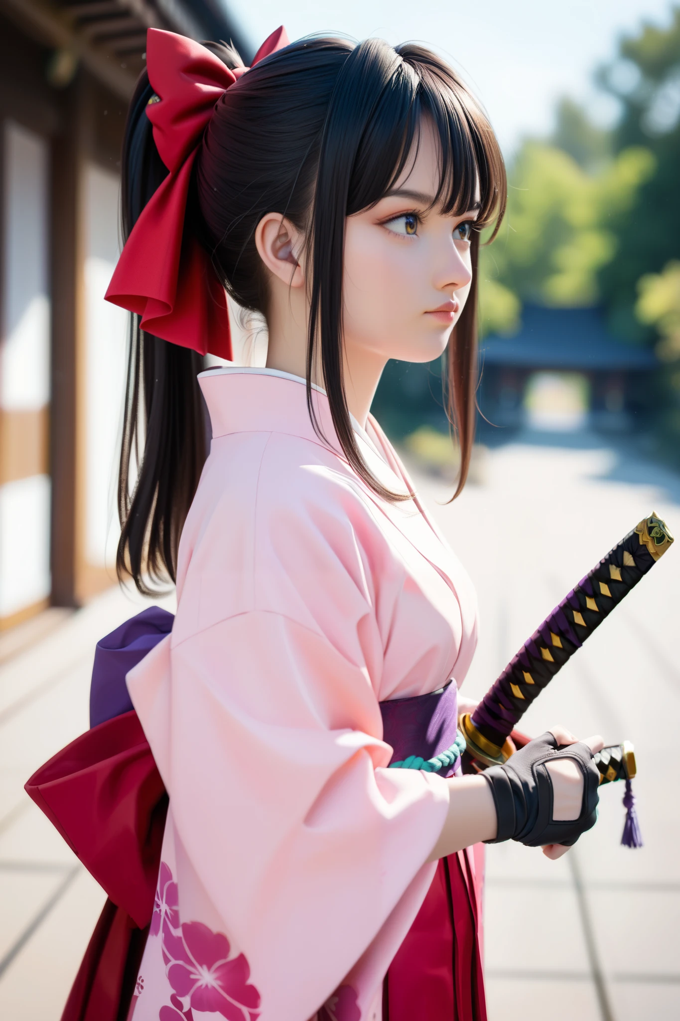  score_9,  score_8_up,  score_7_up,  very sophisticated ,  Details,  High Quality , 顔のズームup、beautiful, masterpiece,  Details eyes,  simple white background,  Blurry Background ,  COWBOY SHOOTING , front, I'm holding a katana, unsheathing, Serious, Sakurabase,  black hair,  hair bow,  red ribbon,  review,  side lock, bangs, ponytail kimono, Red Hakama,  pink kimono, Meiji schoolgirl uniform , Purple belt, Fingerless gloves, Green obi-jime,, zPDXL