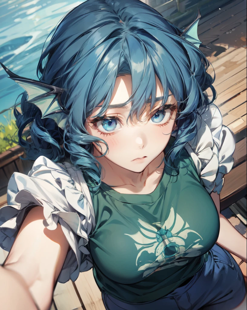 wakasagihime, 1women, age 20, (big breast:0.7), blue hair, short hair, blue eyes, head fins, T-shirt, pants, blank expression, masterpiece, best quality.