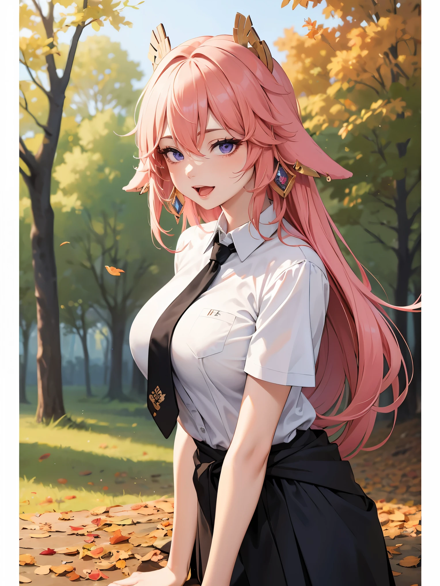 (masterpiece, best quality), 1girl,solo,pink hair,low tied long hair,purple eyes,large breasts,earrings,animal ears,hair between eyes,hair ornament,fox ears,
BREAK ((school uniform, white shirt, necktie, black necktie, black skirt, short sleeves, clothes around waist:1.2)),
BREAK doggystyle, all fours,  sex from behind, facing viewer, tongue out, open mouth , smile ,rolling eyes,
BREAK detailed background, detailed face, (frontier western theme:1.1), autumn forest background, fallen leaves,
BREAK ((top quality, 8k, masterpiece: 1.3, ultra hd, high quality, best quality, high definition, realism)), sharp focus: 1.5, Beautiful woman with Slim body, (perfect hands, perfect anatomy),