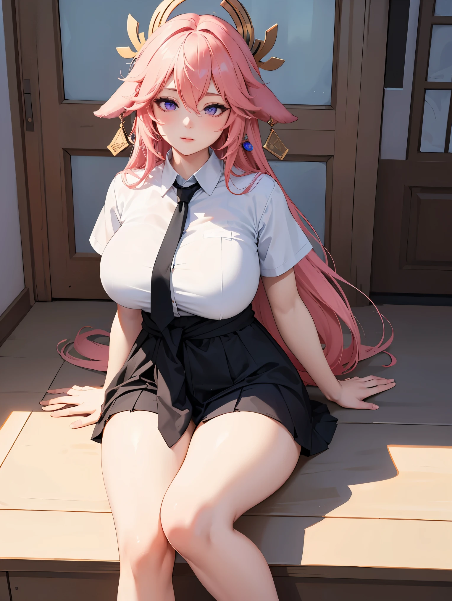 (masterpiece, best quality), 1girl,solo,pink hair,low tied long hair,purple eyes,large breasts,earrings,animal ears,hair between eyes,hair ornament,fox ears,
BREAK ((school uniform, white shirt, necktie, black necktie, black skirt, short sleeves, clothes around waist:1.2)),
BREAK Looking up at the viewer, Ahegao, Blushing huge saggy breasts:1.8, Huge chubby sexy :1.9, Huge Sexy , Sexy Legs:2.0, , Hugging legs, Hug my feet, Hugging legs,
BREAK ((top quality, 8k, masterpiece: 1.3, ultra hd, high quality, best quality, high definition, realism)), sharp focus: 1.5, Beautiful woman with Slim body, (perfect hands, perfect anatomy),