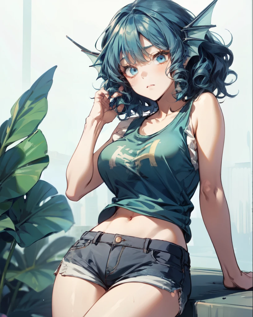 wakasagihime, 1women, age 20, big breast, blue hair, short hair, blue eyes, head fins, tank top,  short shorts, hot pants, midriff, blank expression, masterpiece, best quality.