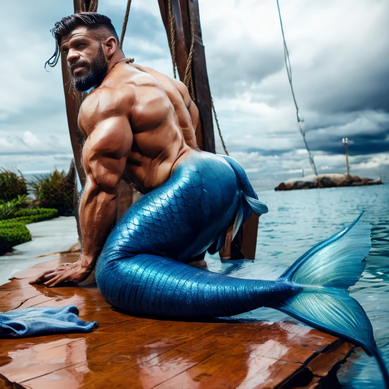  Muscular male bodybuilder with blue muscular mermaid tail. Lies on a leather surface . He is oiled ,  wet and oily . Sexy back and ass .  He is tied with a brown strong navy rope . black hair, black beard. It's raining