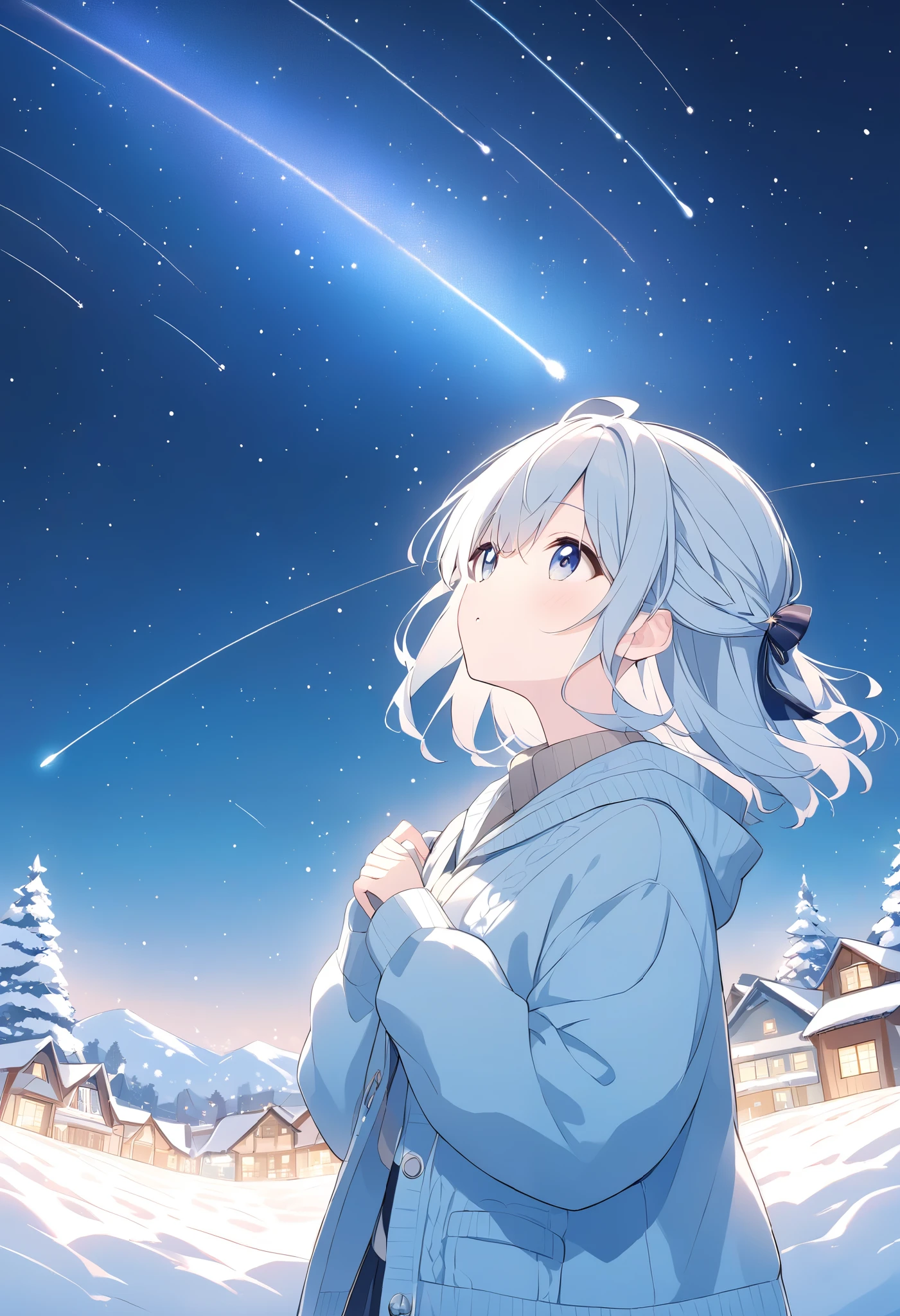  pale shade、Light line drawing、half updo、multicolored hair,sweater、night、Snow Town、 twinkling starry sky、 shooting stars、Meteor Shower、 looking up at the sky 