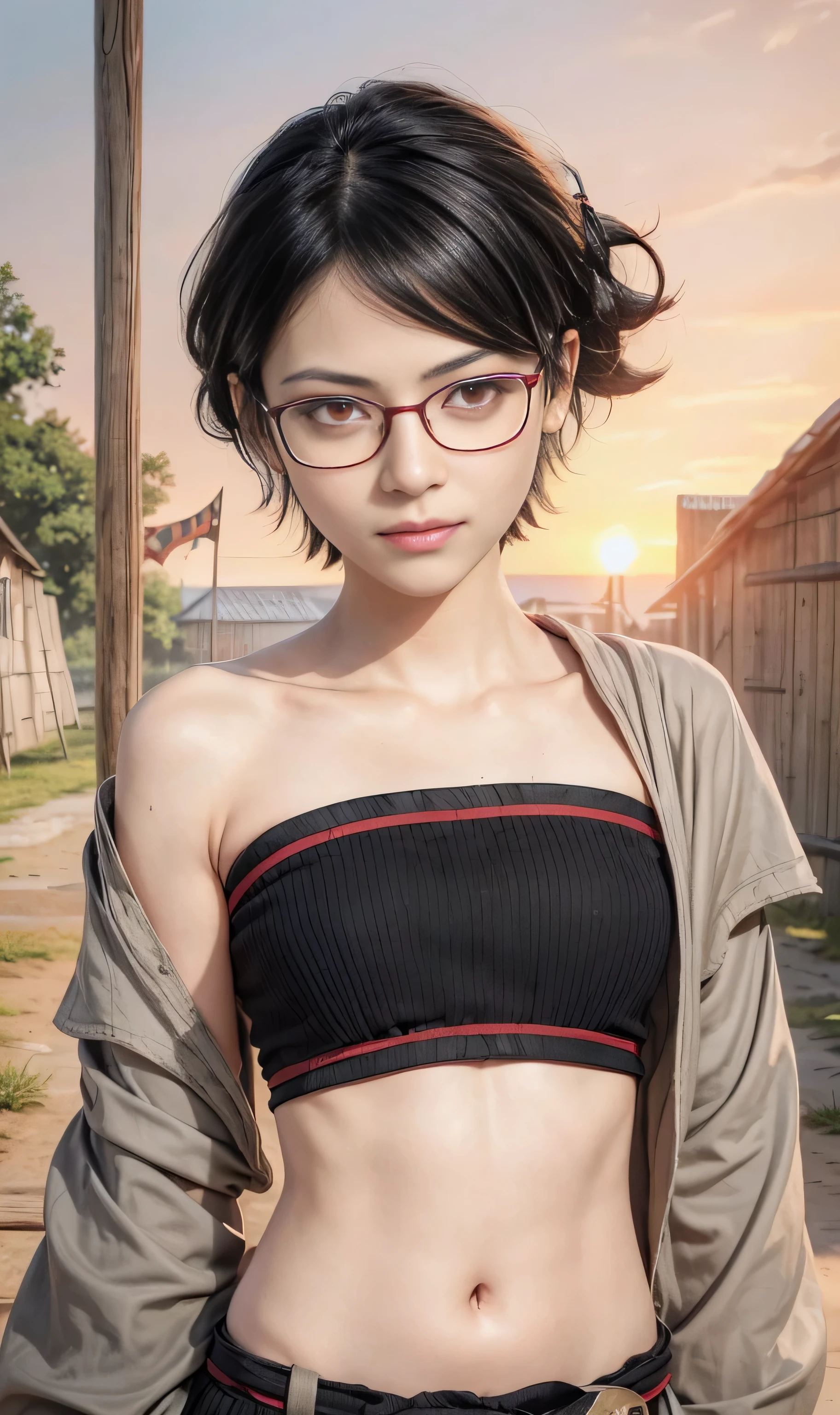 masterpiece, best quality, (realistic,photo-realistic:1.4), (RAW photo:1.2), extremely detailed CG unity 8k wallpaper, delicate and beautiful, amazing,finely detail, official art, absurdres, incredibly absurdres, huge filesize, ultra-detailed,extremely detailed eyes and face,light on face,sarada,(little smile:1.2),(black hair:1.4),(very short hair:1.4),nature,sarada uchiha ,(wearing black framed glasses:1.5),(wearing viking outfit:1.5),traditional village,(sunset:1.4),(red eyes:1.6),cloak