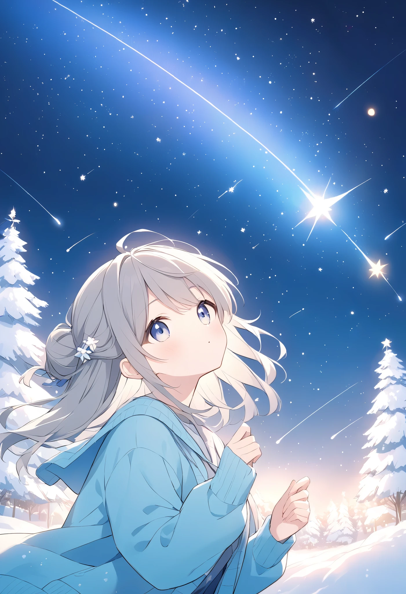  pale shade、Light line drawing、half updo、multicolored hair,sweater、night、Snow Town、 twinkling starry sky、 shooting stars、Meteor Shower、 looking up at the sky ,Make a wish for a star 