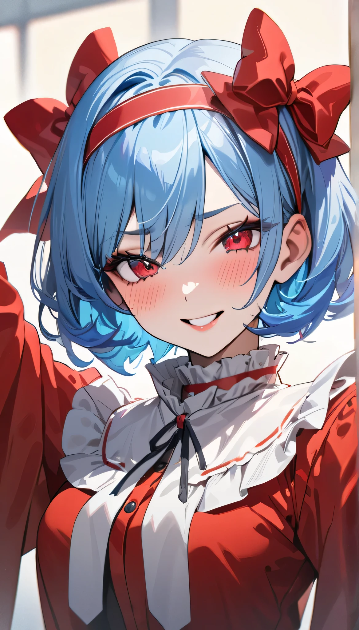 Anime girl with blue hair and red bow in red dress - SeaArt AI