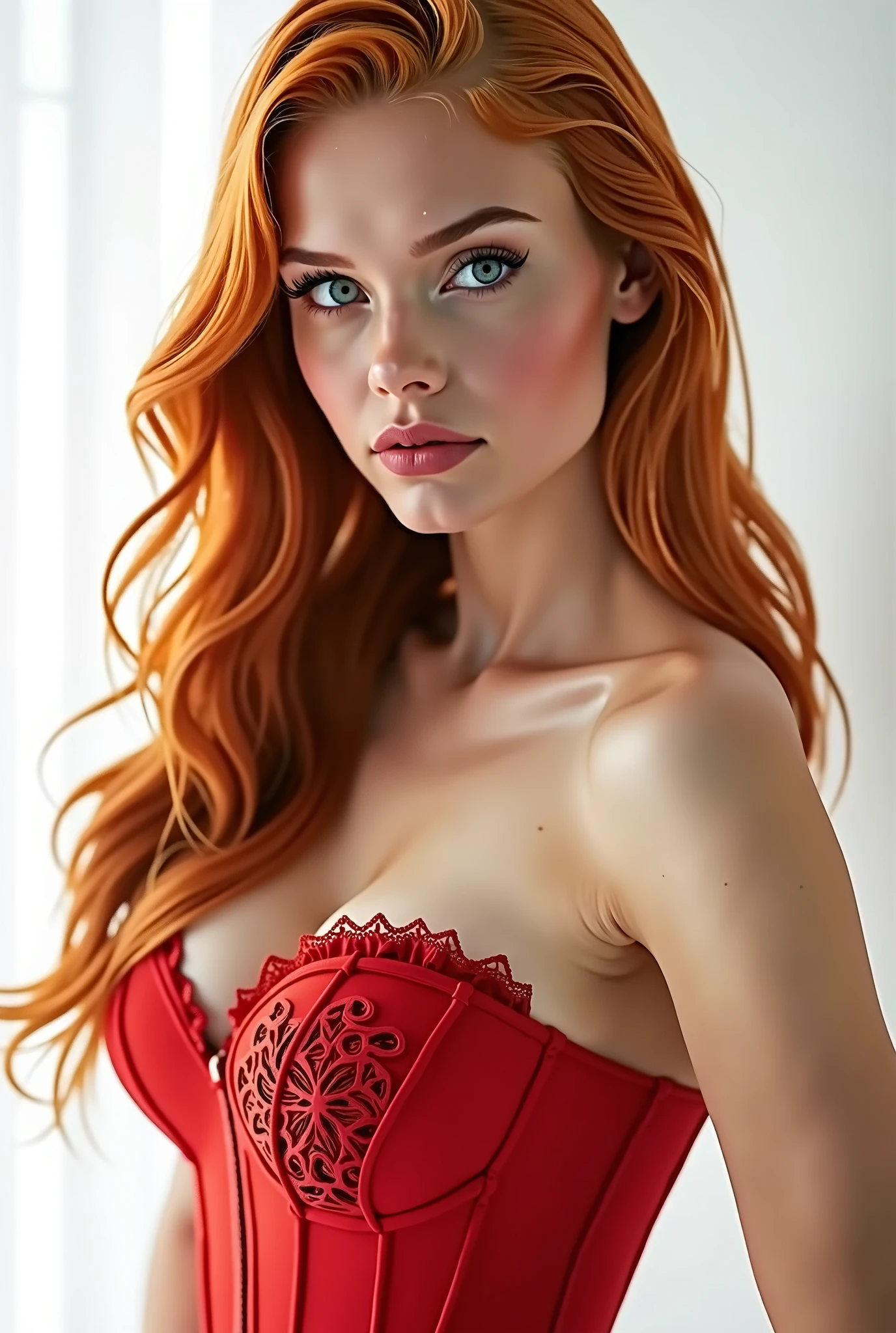 a beautiful woman, long straight red hair, (30 years old, green eyes, hourglass figure, perfect body, natural medium breasts), detailed face, detailed eyes, detailed lips, beautiful long eyelashes, photorealistic, femme fatale, she is a sex icon, she is a sex goddess, long eyelashes, cat-eye make-up, wearing an expensive bra, highly detailed bra, focus on bra, highlight bra