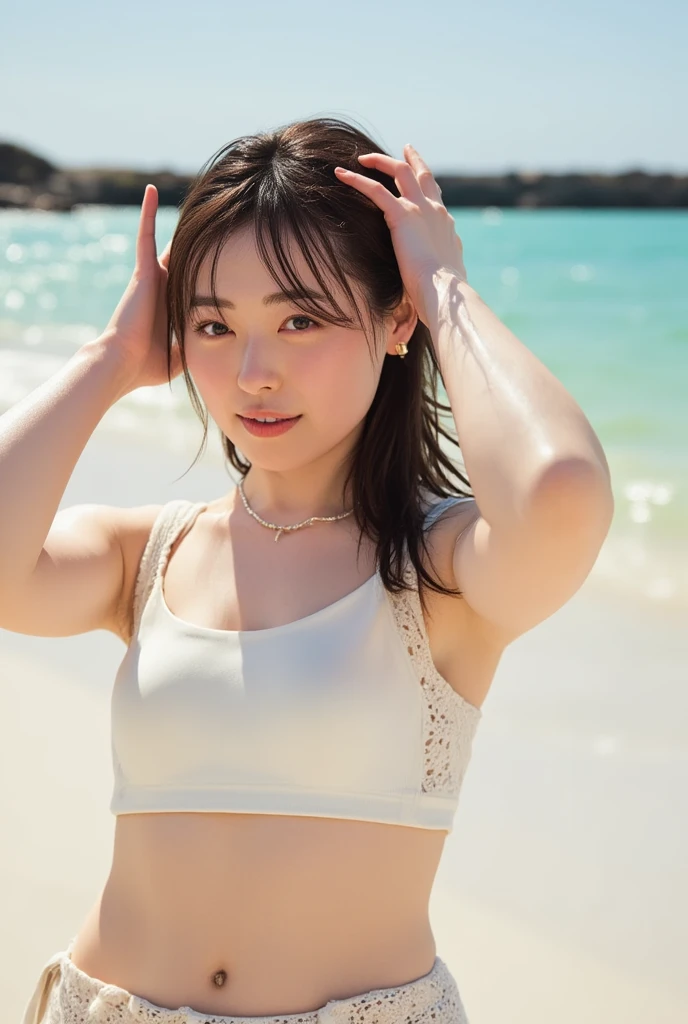 A very cute face like an idol、Looks like a young face、20-year-old female、Gentle and cute、A kind smile、Cleavage、one piece、Beach with beautiful sunset、A toast with beer、whole body、RAW Photos、Genuine、Artistic、Real Stick、High resolution、Genuine Life、No copyright notice