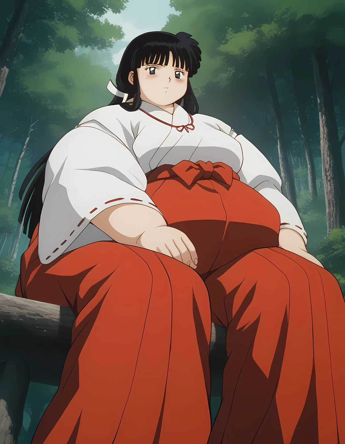 score_9, score_8_up, score_7_up, source_anime,
Kikyou, long hair, black hair, retro artstyle, black eyes, blush,
 skirt, long sleeves, japanese clothes, hakama, hakama skirt, miko, red hakama, 
outdoors, forest, nature,
looking at viewer,  fat, chubby, obese, gigantic arms and legs,   perfect quality, detailed face, sitting, from below