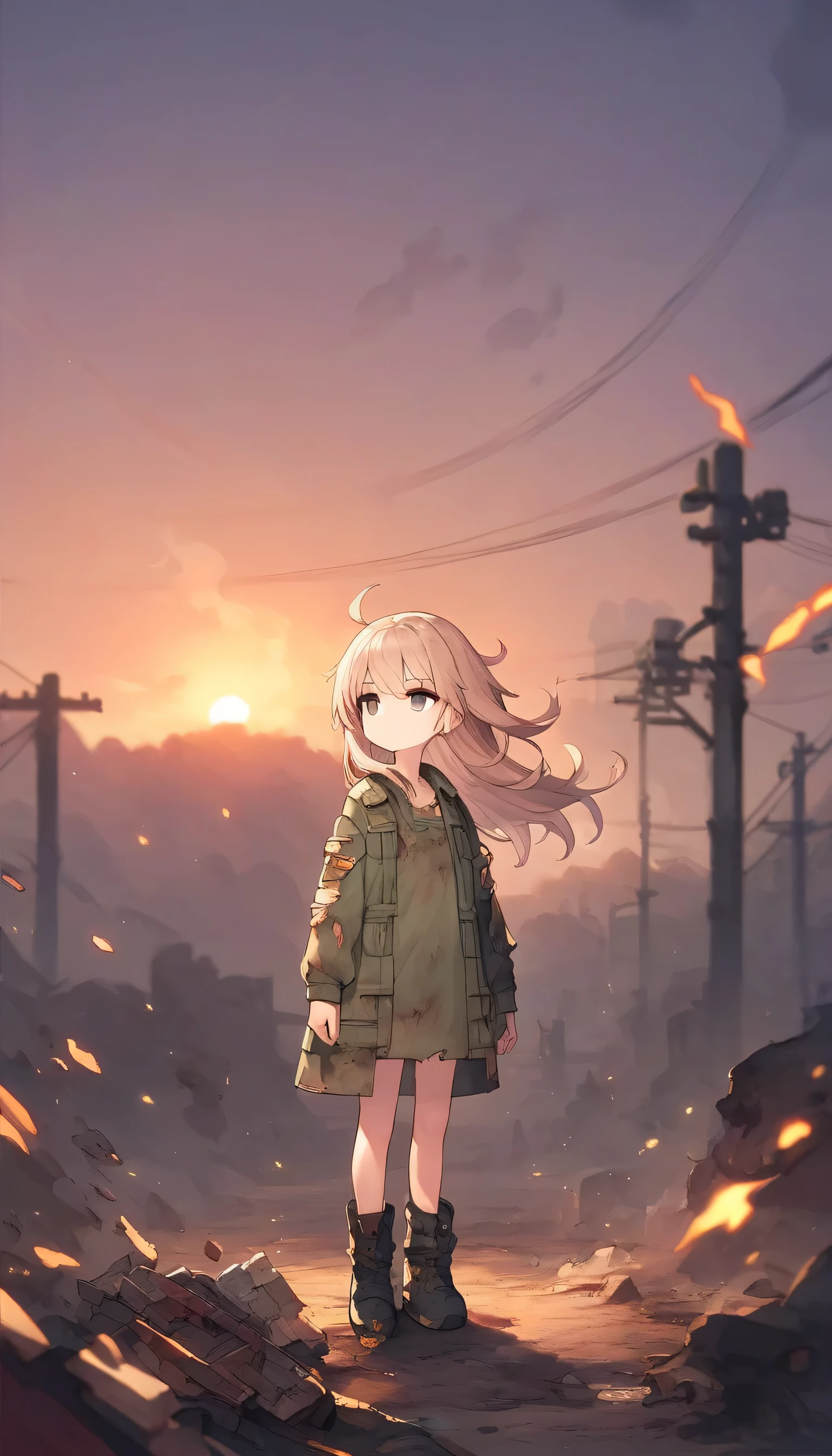  1 girl, bangs, combustion, Burnt clothes, embers, Ahoge, Beige Hair, , inflammation,  standing , Long Hair,Expressionless, cigarette, spark, sunset, evening,  depth of field, combustion