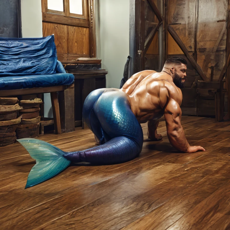  Muscular male bodybuilder with blue muscular mermaid tail. Lies on a wood floor. He is oiled ,  wet and oily . Sexy back and ass .  He is tied with a brown strong navy rope . black hair, black beard. It's raining