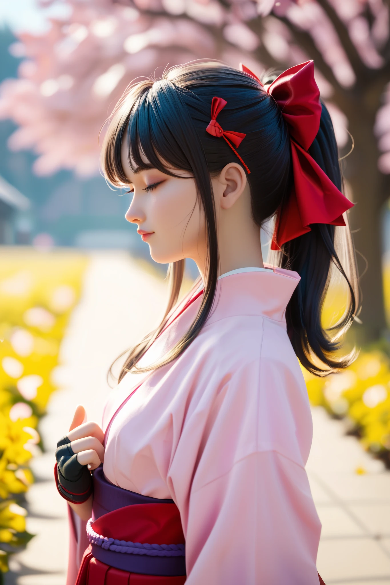 score_9, score_8_up, score_7_up, very sophisticated , Details, High Quality , 顔のクローズup、beautiful, masterpiece, Details eyes, simple white background, Blurry Background , profile、 unsheathing, Beautiful Android Girls Closing Their Eyes , Sakurabase, black hair, hair bow, red ribbon, review, side lock, bangs, ponytail kimono, Red Hakama, pink kimono, Meiji girl uniform , Purple belt, Fingerless gloves, Green obi-jime,, zPDXL