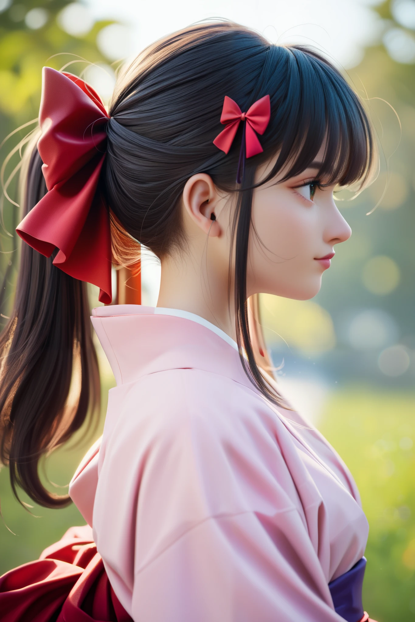 score_9, score_8_up, score_7_up, very sophisticated , Details, High Quality , 顔のクローズup、beautiful, masterpiece, Details eyes, simple white background, Blurry Background , profile、 unsheathing, Beautiful Android Girls Closing Their Eyes , Sakurabase, black hair, hair bow, red ribbon, review, side lock, bangs, ponytail kimono, Red Hakama, pink kimono, Meiji girl uniform , Purple belt, Fingerless gloves, Green obi-jime,, zPDXL