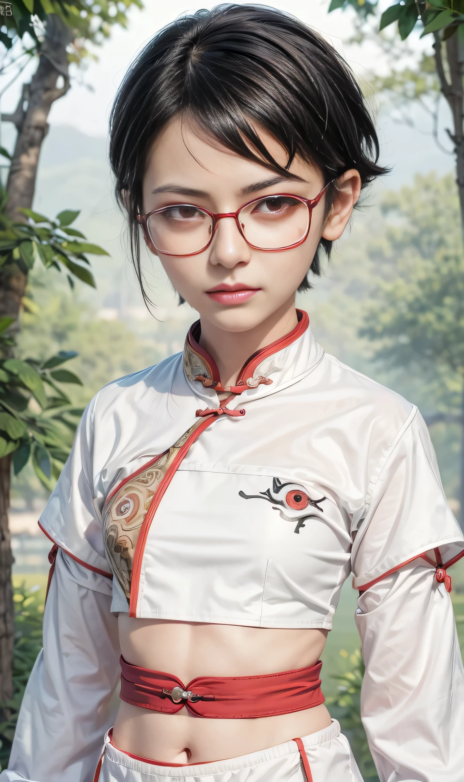 masterpiece, best quality, (realistic,photo-realistic:1.4), (RAW photo:1.2), extremely detailed CG unity 8k wallpaper, delicate and beautiful, amazing,finely detail, official art, absurdres, incredibly absurdres, huge filesize, ultra-detailed,extremely detailed eyes and face,light on face,sarada,(little smile:1.2),(black hair:1.4),(very short hair:1.4),nature,sarada uchiha ,(wearing black framed glasses:1.5),(wearing kungfu outfit:1.5), village,(sunset:1.4),(red eyes:1.6),navel