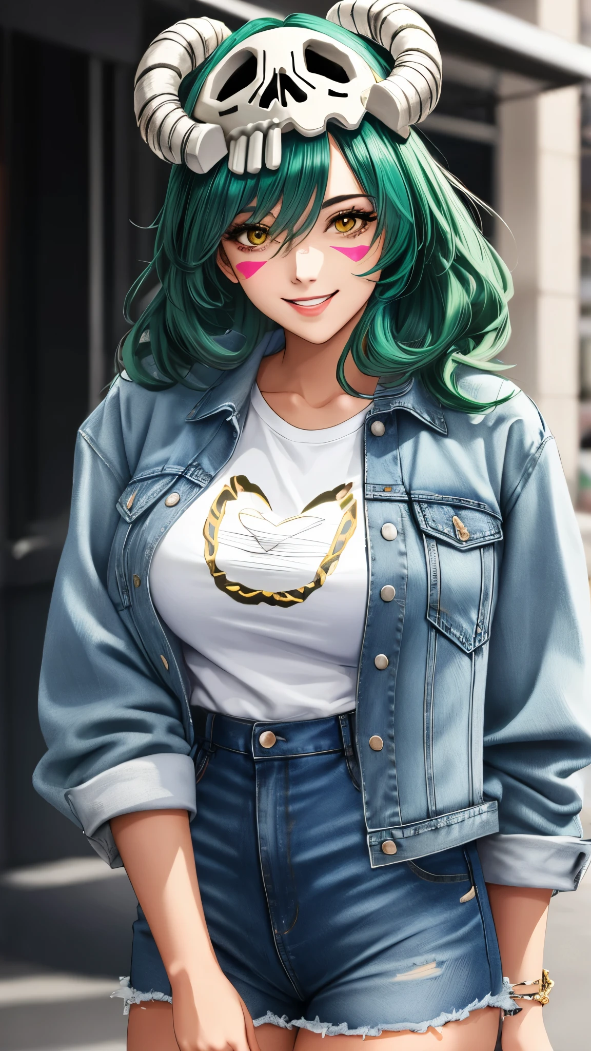 nelliel tu odelschwanck, green hair,yellow eyes, skull, face mark,large breasts,smile , parted lips, happy, High-waisted mom jeans, graphic t-shirt, denim jacket, white sneakers, blurred background