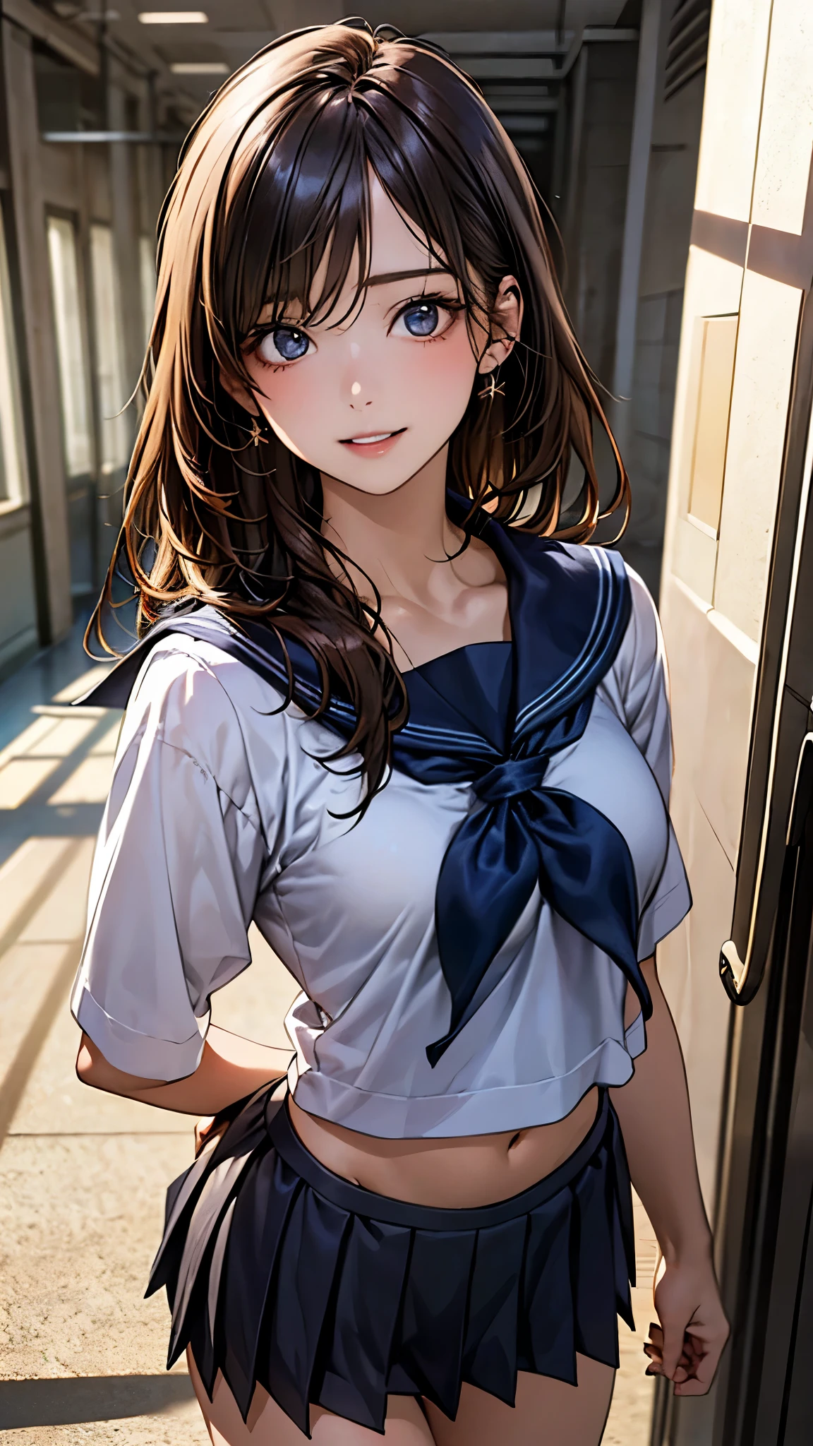 (masterpiece:1.2, top-quality), (realistic, photorealistic:1.4), beautiful illustration, (natural side lighting, movie lighting), depth of fields, 2024s,
beautiful detailed hair, beautiful detailed face, beautiful detailed eyes, beautiful clavicle, beautiful body, beautiful chest, beautiful thigh, beautiful legs, beautiful fingers, shiny skin,
looking at viewer, 1 girl, high school girl, (perfect anatomy, anatomically correct, super detailed skin), cute and symmetrical face, perfect face, perfect eyes, tiny, face,
(middle hair, straight hair, dark brown hair), swept bangs, blue eyes, drooping eyes, long eyelashes, (medium breasts, wide hips, narrow waist, seductive thighs), slender, outstanding style,
(detailed cloth texture), break (navy sailor suit), break, (navy pleated skirt), break (blue sailor neckerchief), break
(beautiful scenery), autumn, evening, (school hallway:1.2), walking, (pose with movement), (lovely smile, upper eyes, parted lips),