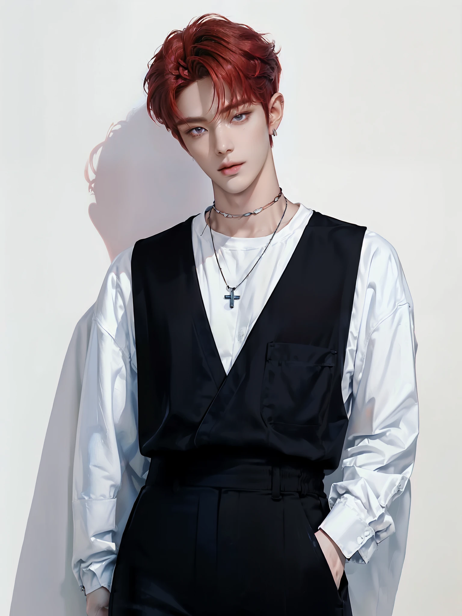 (4K)) ((  high quality )) (( white background )) ((amber-red hair color)) ((blue trousers)) ((one member of a k-pop group)) ((amber-red hair color)) (( Yongjun has a sophisticated and attractive appearance ,  with soft facial features ,  with perfect skin and expressive eyes . his nose is long, plump lips.  medium length hair , slightly wavy,  painted in a warm reddish shade with a slight honey tint . The hair is styled like this ,  so that the bangs cover your forehead on both sides ,  frame creating a mysterious and romantic image )) (( dressed in a light white silk t-shirt or top or a black or dark red velvet vest)) ((suspender,  carelessly lowered or slightly worn for the speaker )) (( black pants with a shiny effect )) ((Accessories:  Metallic choker ,  speaker thin ,  clip earring or small ear ring )) (( relaxed pose )) ((full length pose)) (( looks directly at the camera)) ((hand in pocket)) ((full length pose)) (( with no other characters in the )) ((painting in artistic style)) ((white background))
