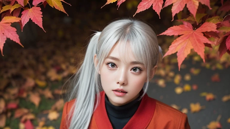 autumn, many red autumn leaves fluttering in the wind, amid the crowd, dressed in vivid autumn fashion, slipping and tripping, falling on bottoms, blushing, being embarrassed, half twin tails, diagonal bangs, shiny white and silver hair, hair fluttering in the wind, beautiful white-colored translucent skin, slendar figure, aglossy face, like a cat eyes, lazy expressions, shooting from above, {realistic}, {cinematic}, {photogenic}