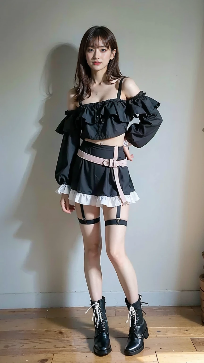 1girl, 12 years old, Famous idol, 1cute girl, very young face, masterpiece, high quality, small face, (very small tits:1.8)Gothic lolita fashion, (underwear style:1.8), dramatic angle:1.4, Stroll around town, half smile:0.5,