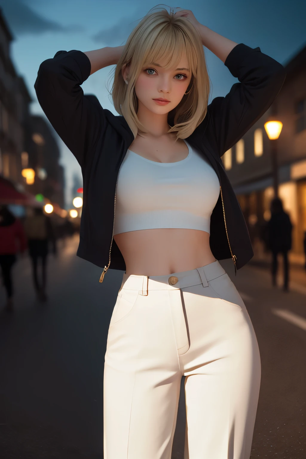 (best quality, masterpiece, high resolution:1.1),(photorealistic:1.4), raw photo, hyper detail, high detailed portrait, natural light, natural shadow,  Beautiful european girls with blonde hair and bang, slim waist, cropped hooded jacket, White blouse, long pants, Unbuttoned shirt, ‎night street,neon light, in the dark,arms behind head