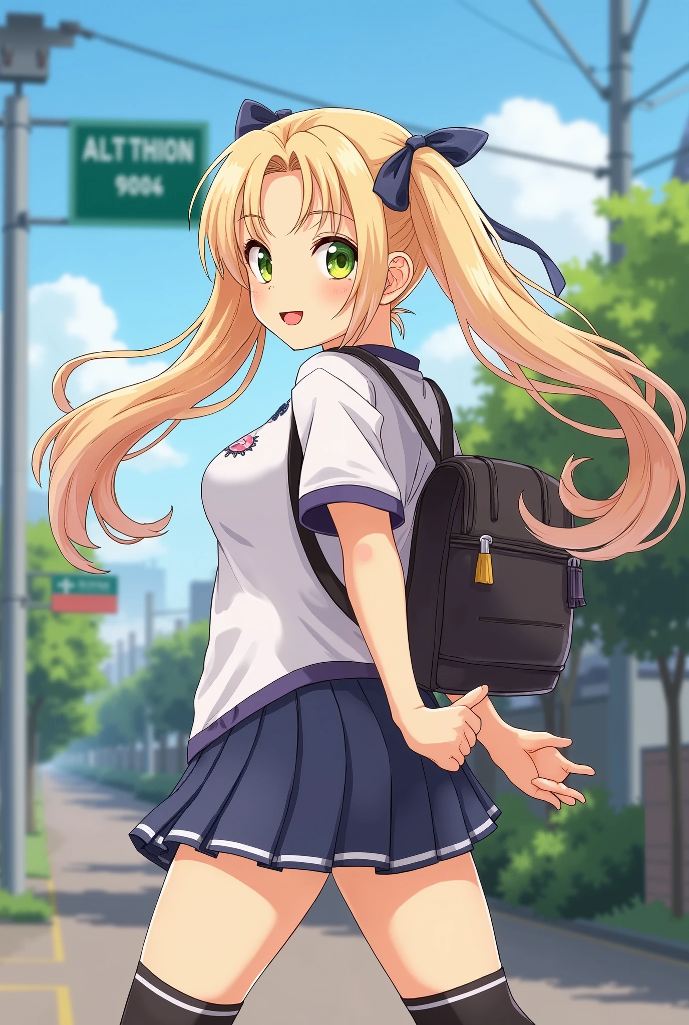 (masterpiece、 best quality、 best quality、 Official Art、 beautiful and beautiful :1.2)、( one girl :1.3)、Pigtails, Beautiful breasts, 1 girl, smile,  girl, ((Cream hair )),  virtual idol who sticks out his tongue in detail、School route、On the way home、 carry the backpack、 miniskirt、 Black Knee Socks 、 green eyes、round face、look back