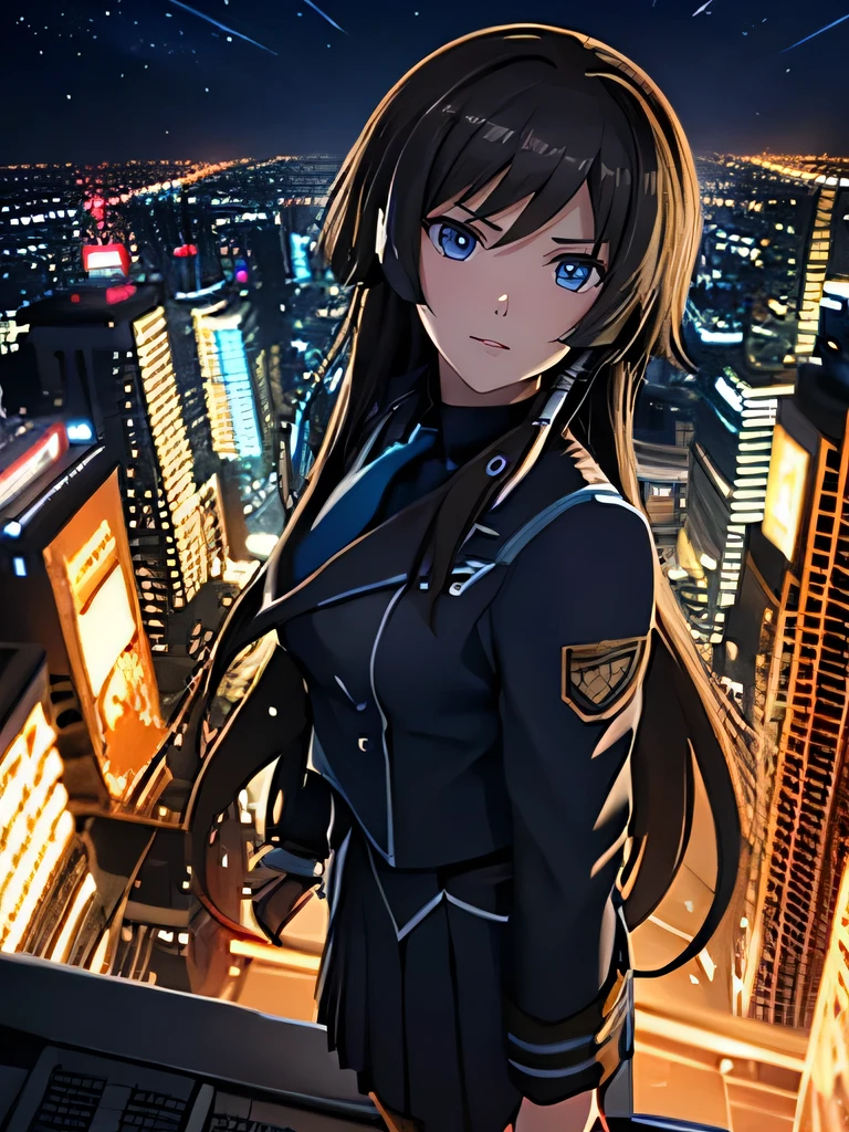  one girl ， brown hair ， long hair，smile，uniform，Standing on the roof， looking up and looking over here，Scenery seen from above ，Night view，Cinema Light，masterpiece， High Quality，