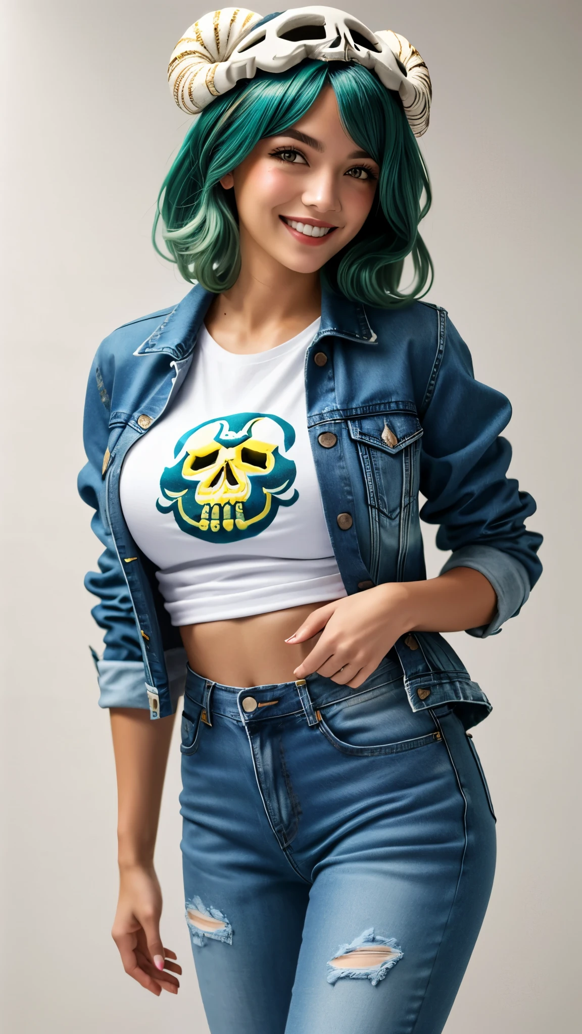 nelliel tu odelschwanck, green hair,yellow eyes, skull, face mark,large breasts,smile , parted lips, happy, High-waisted mom jeans, graphic t-shirt, denim jacket, white sneakers, blurred background