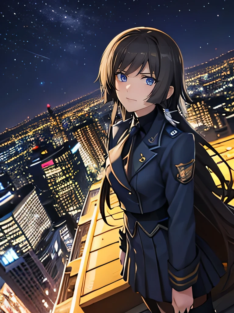  one girl ， brown hair ， long hair，smile， and smiles ，uniform，Standing on the roof， looking up and looking over here，Scenery seen from above ，Night view，Cinema Light，masterpiece， High Quality，