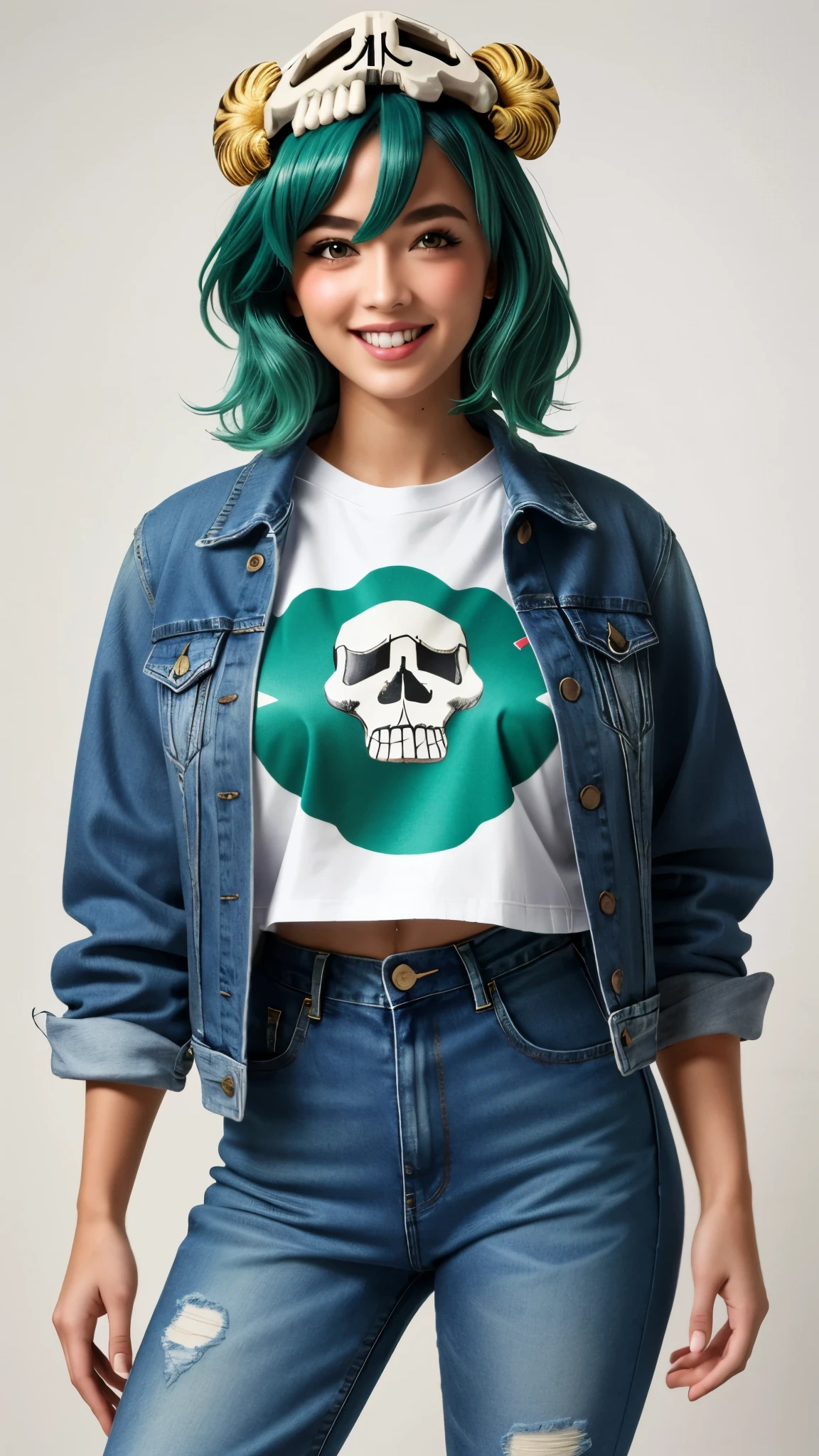 nelliel tu odelschwanck, green hair,yellow eyes, skull, face mark,large breasts,smile , parted lips, happy, High-waisted mom jeans, graphic t-shirt, denim jacket, white sneakers, blurred background